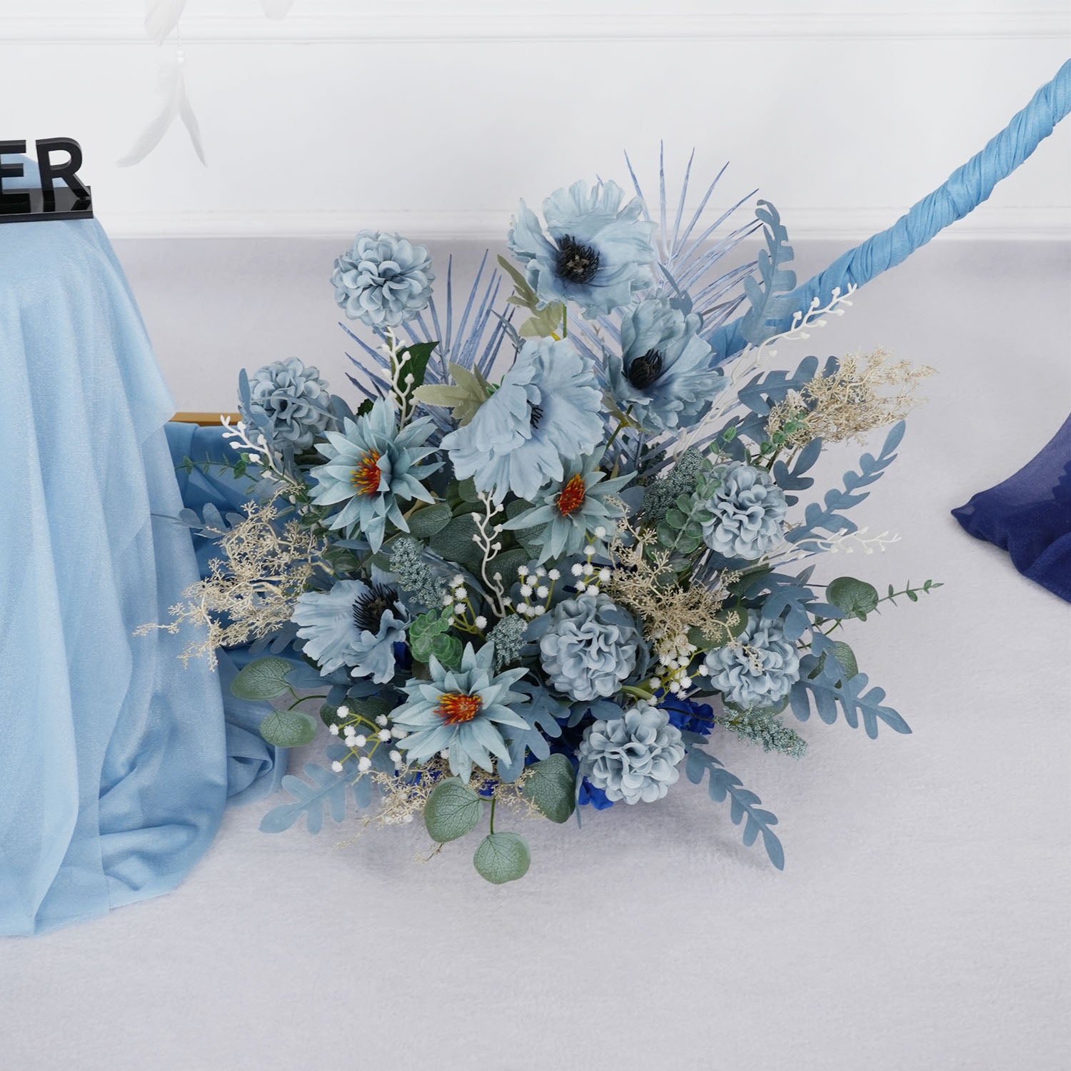 Artificial Grayish Blue Wedding KT Backdrop Flower Row Decor