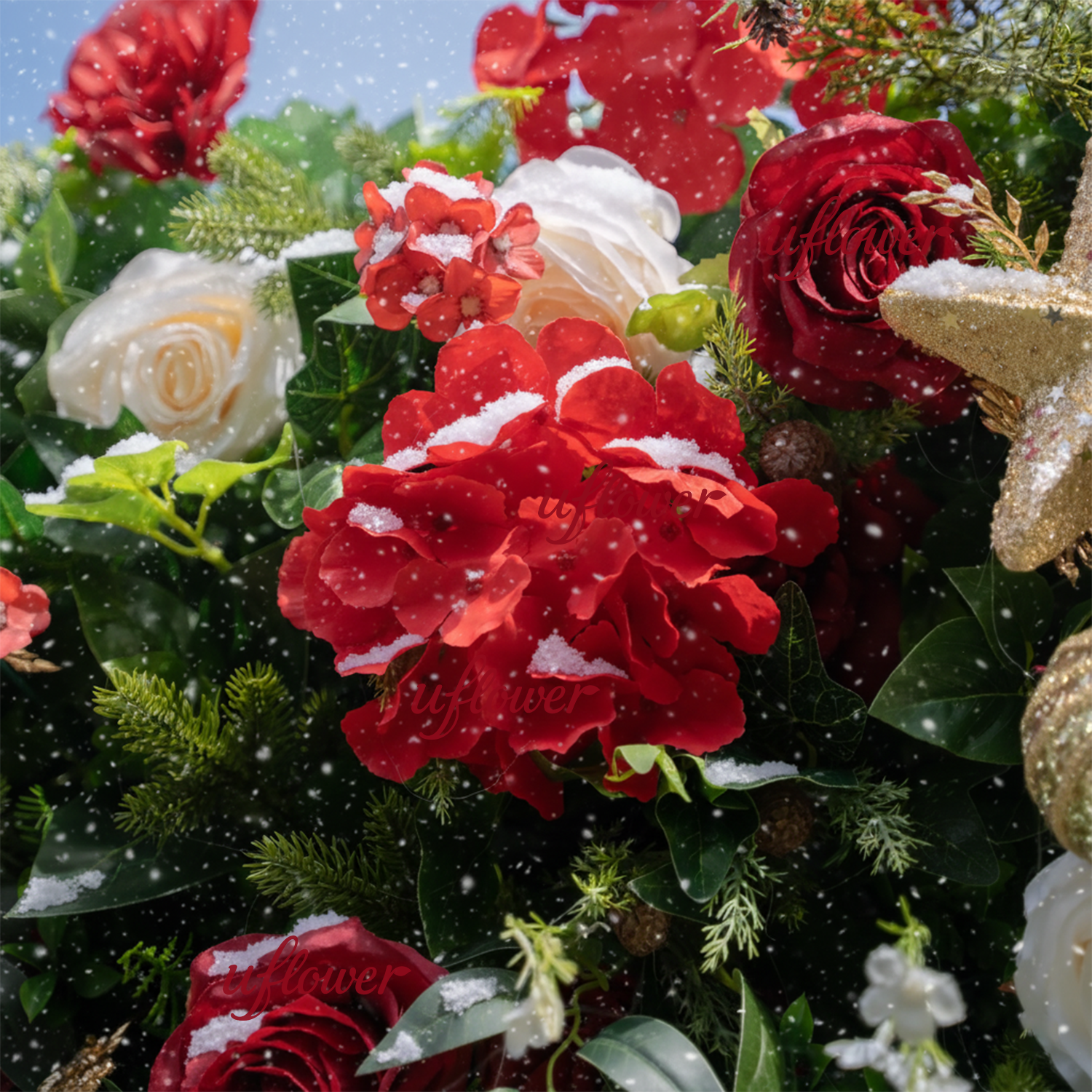 Uflower Christmas Red Gold Flower Wall  Luxurious Star & Ball Decorated Floral Backdrop Holiday Party Decor