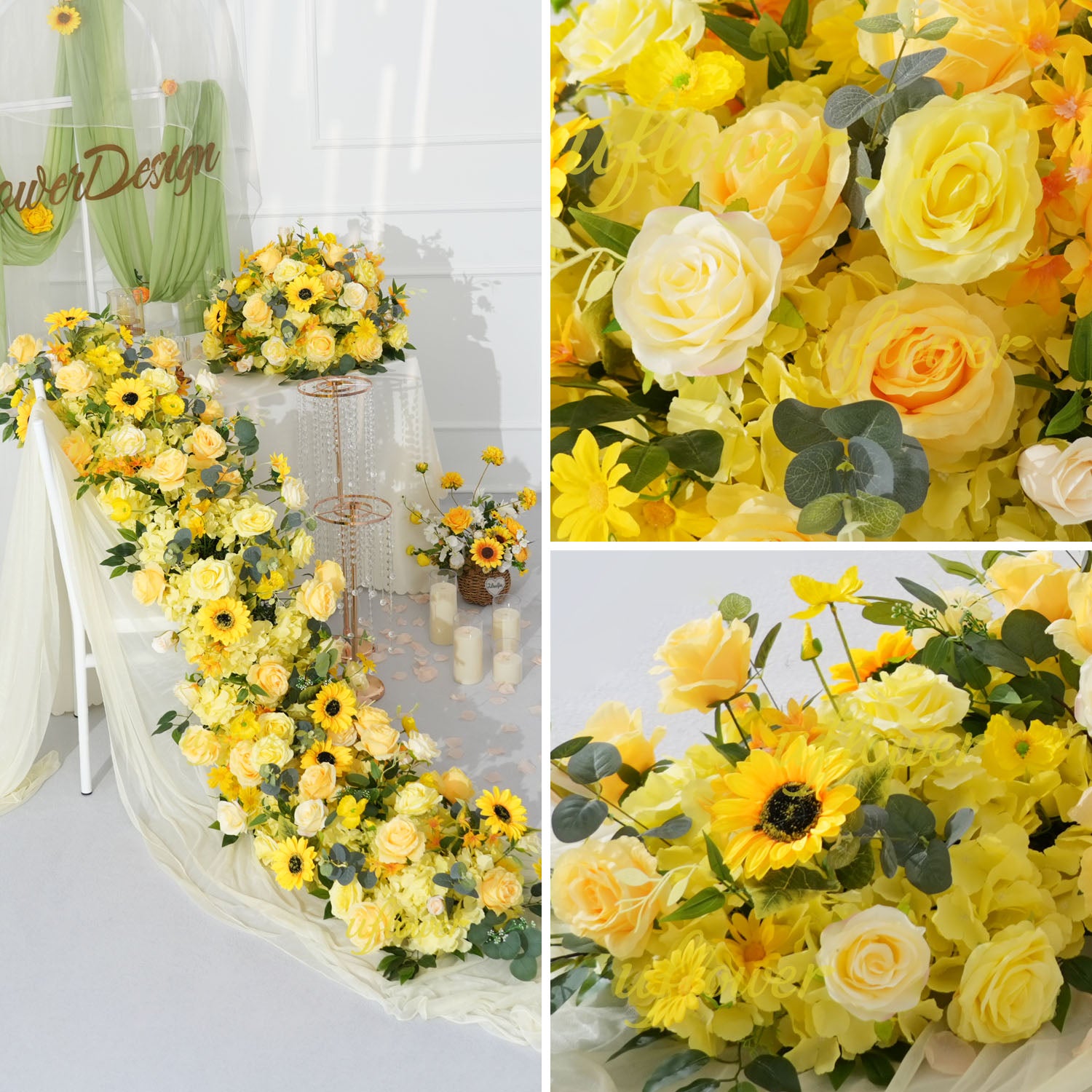 Uflower Yellow Rose Sunflower Table Runner Sofa Floral Wedding Backdrop Decor