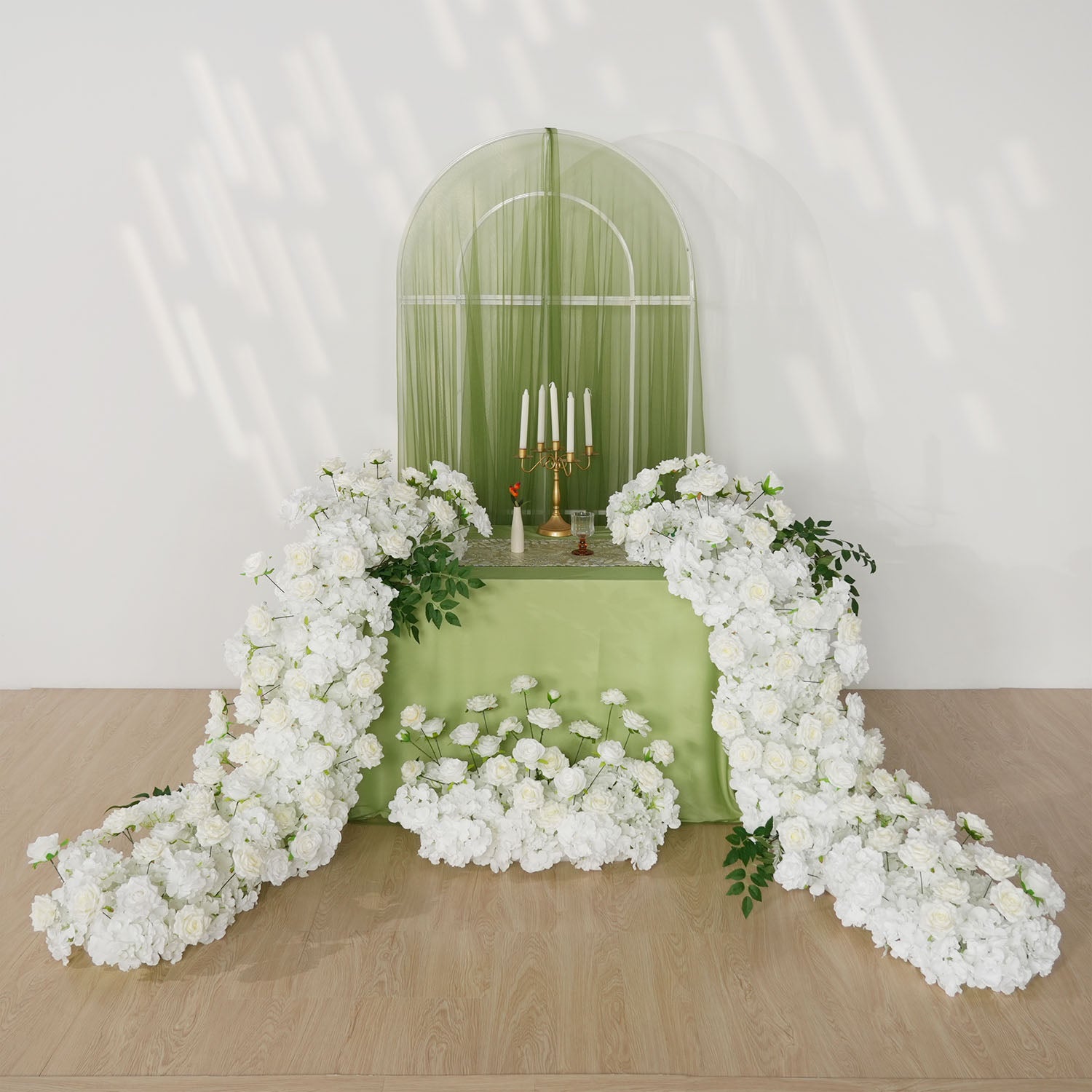 Uflower White Rose Table Runner Sofa Floral Wedding Backdrop Decor