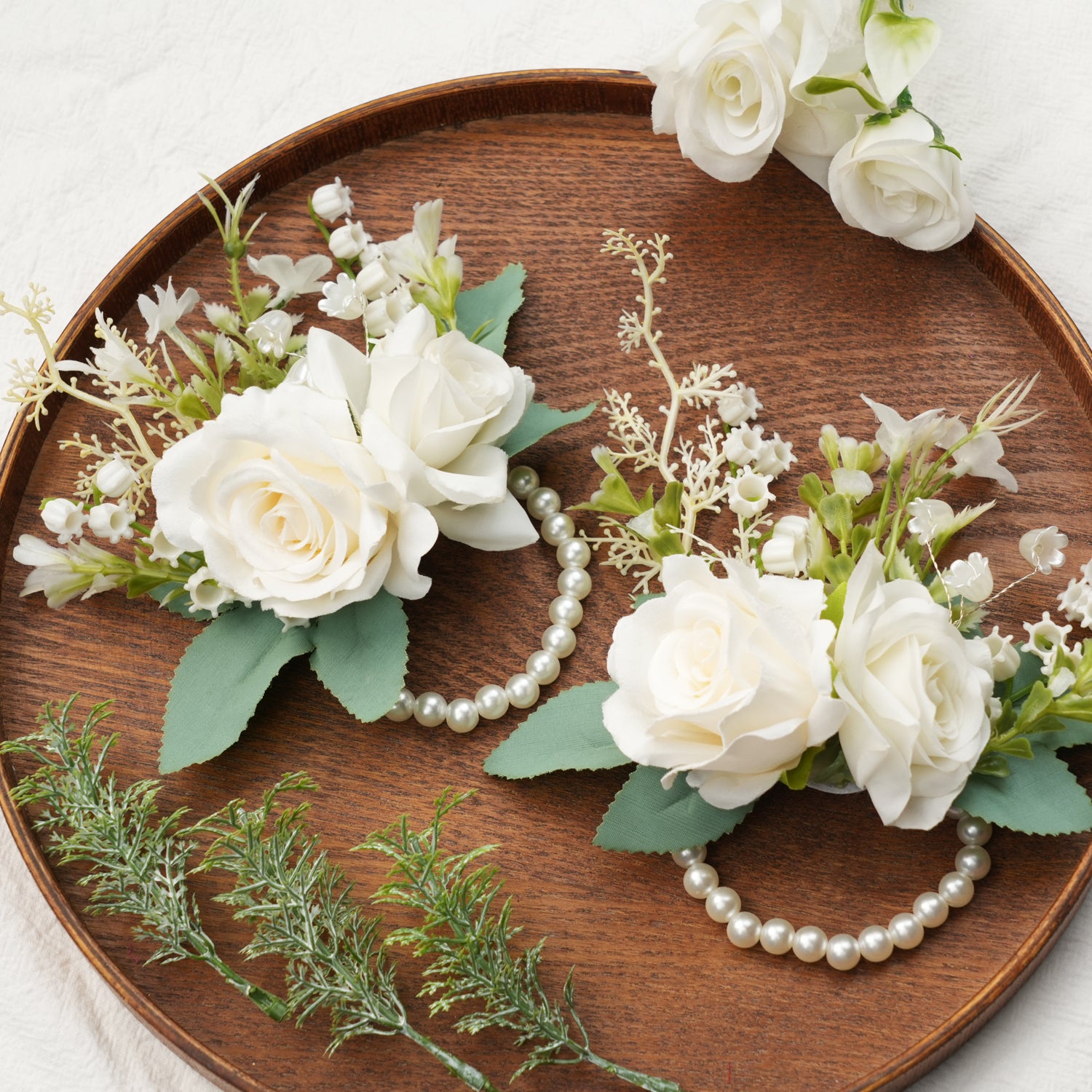 Uflower White Series With Greenery  Bride Bouquet Wrist Corsage Groom Boutonniere Wedding Event Supplies