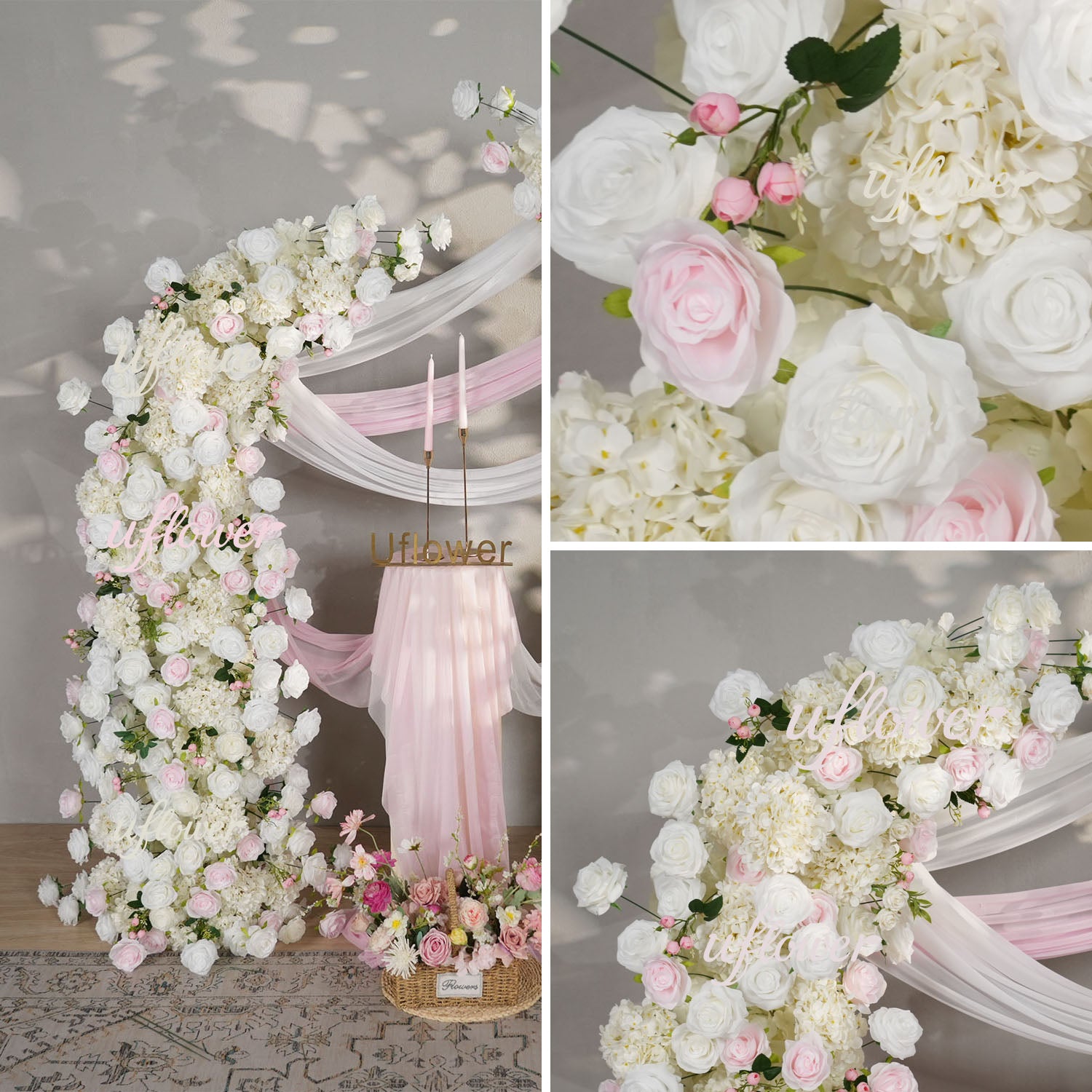 Uflower Pink White Rose Floral Horn Arch Wedding Party Backdrop Decor