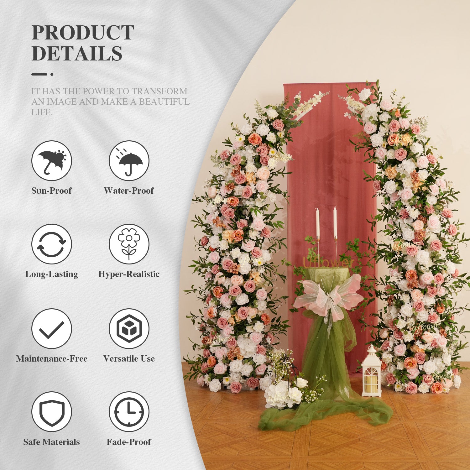 Uflower Blush Pink White Flower Horn Arch Wedding Party Birthday Backdrop Decor