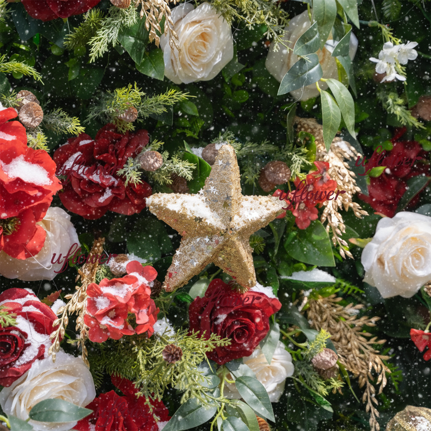 Uflower Christmas Red Gold Flower Wall  Luxurious Star & Ball Decorated Floral Backdrop Holiday Party Decor