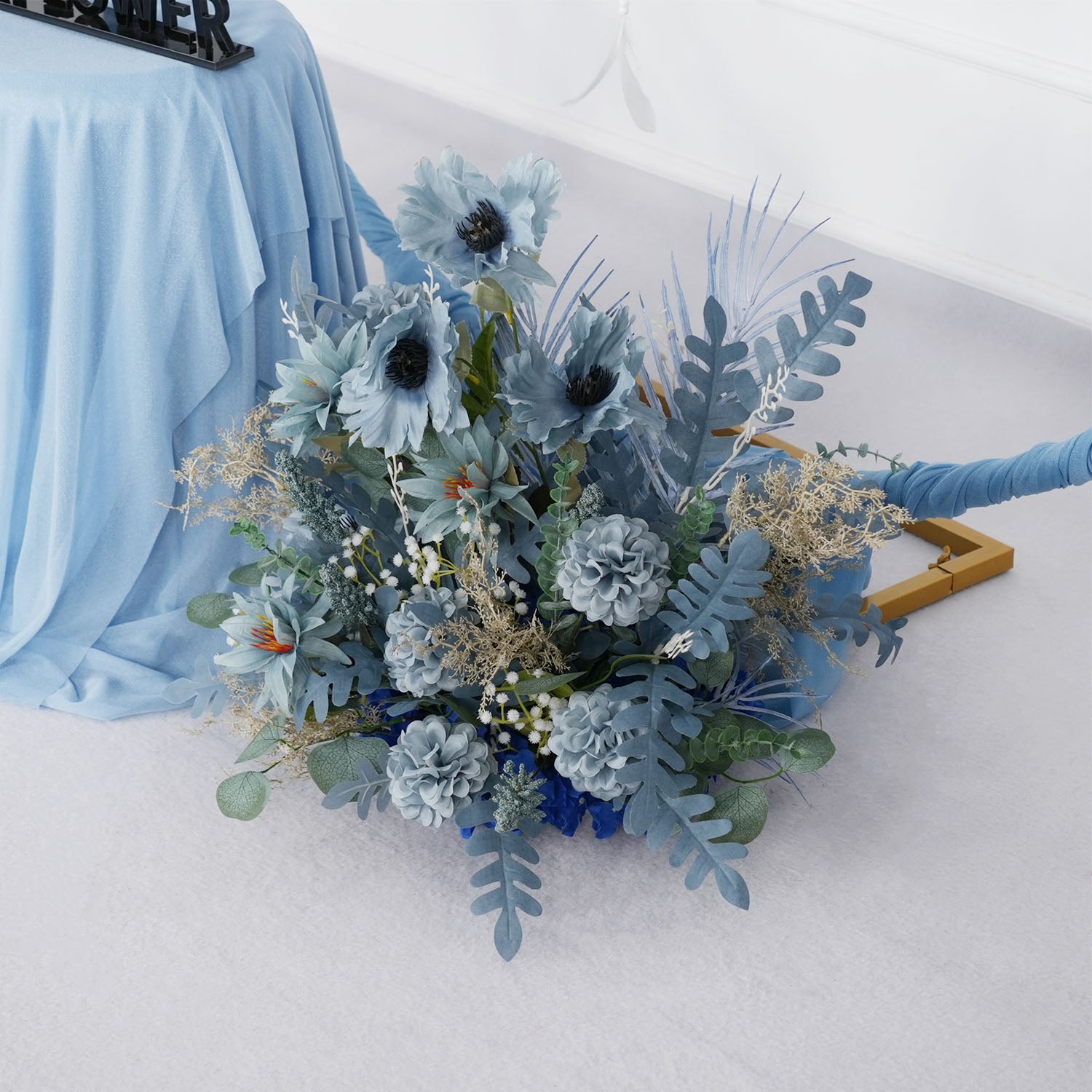 Artificial Grayish Blue Wedding KT Backdrop Flower Row Decor