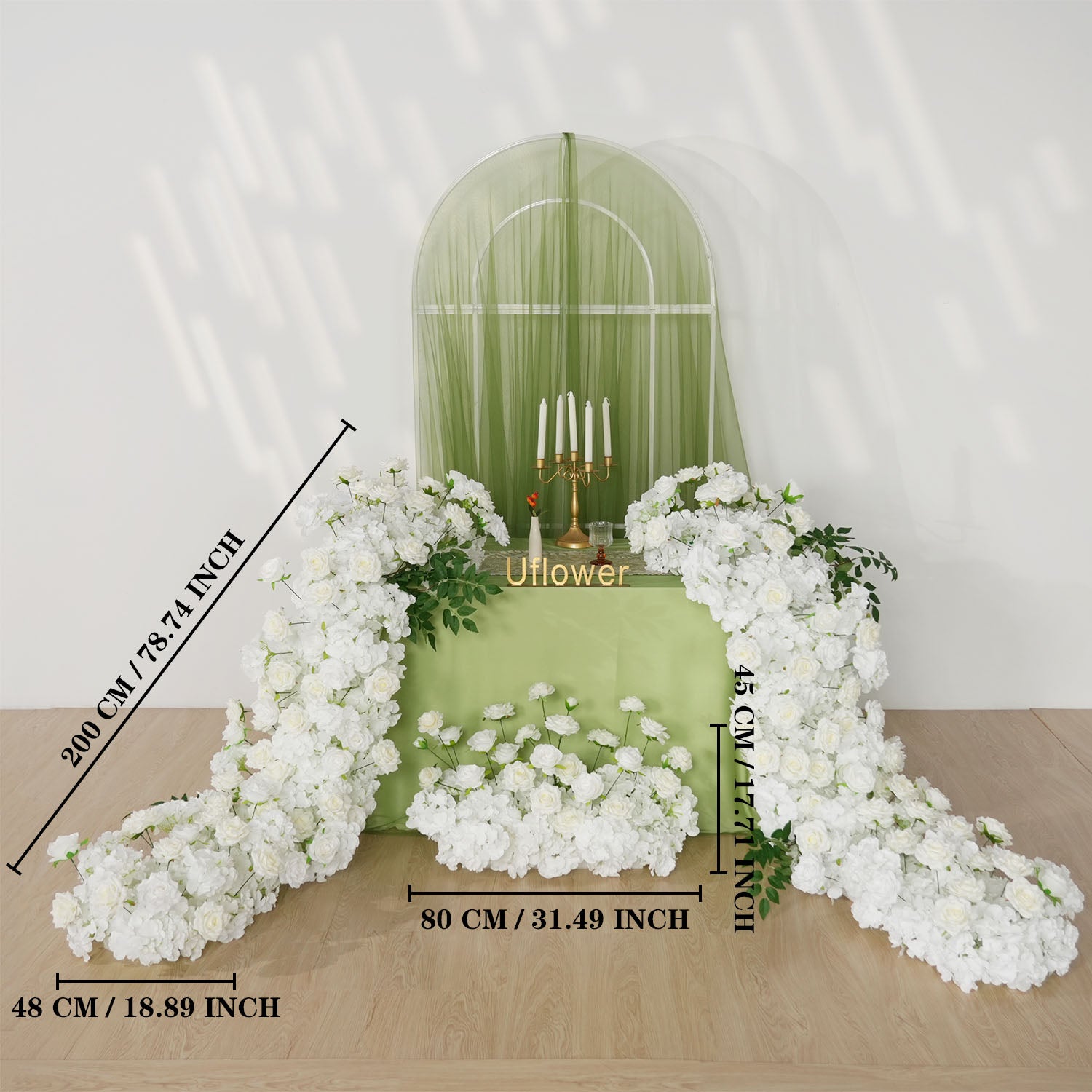 Uflower White Rose Table Runner Sofa Floral Wedding Backdrop Decor