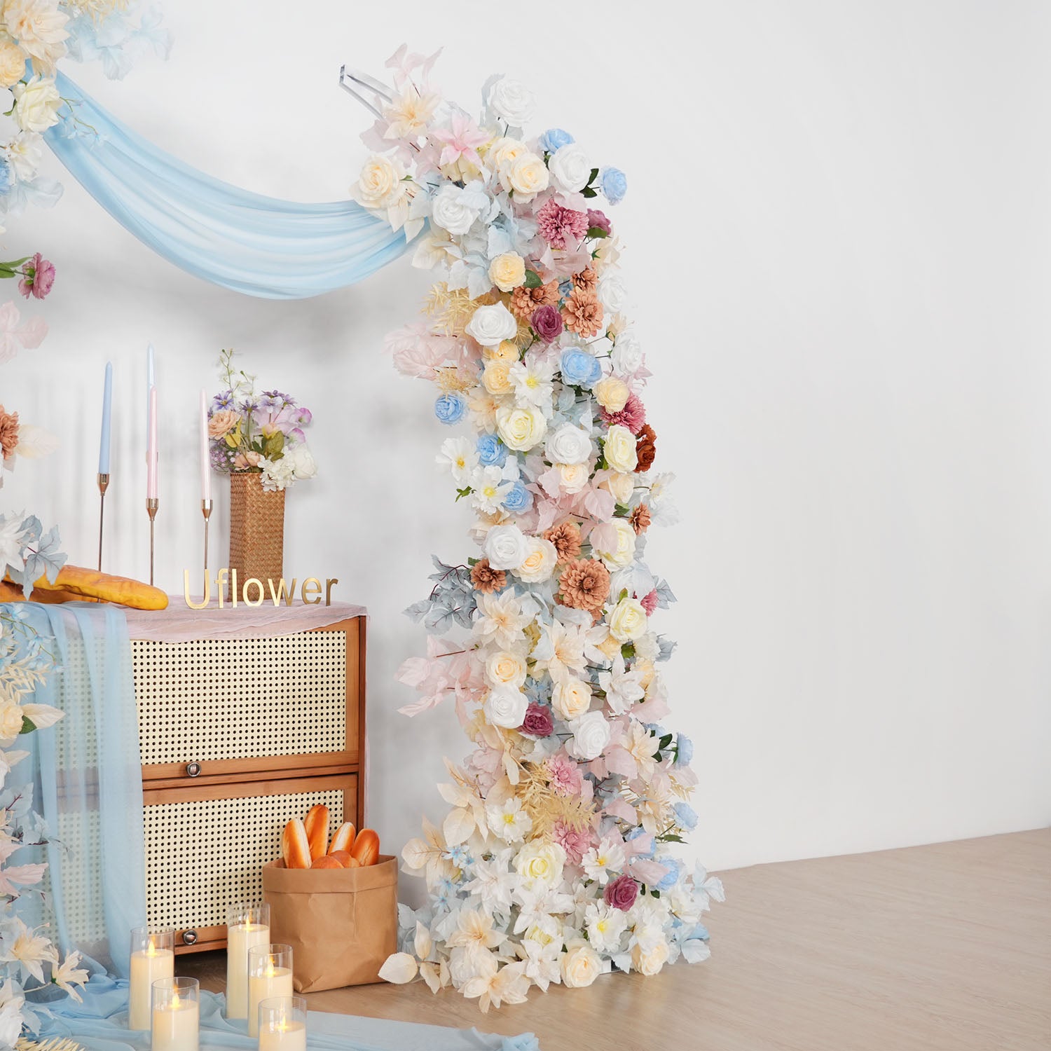 Uflower Pink Blue Champagne Horn Arch Decor Wedding Backdrop Floral Ball Arrangement