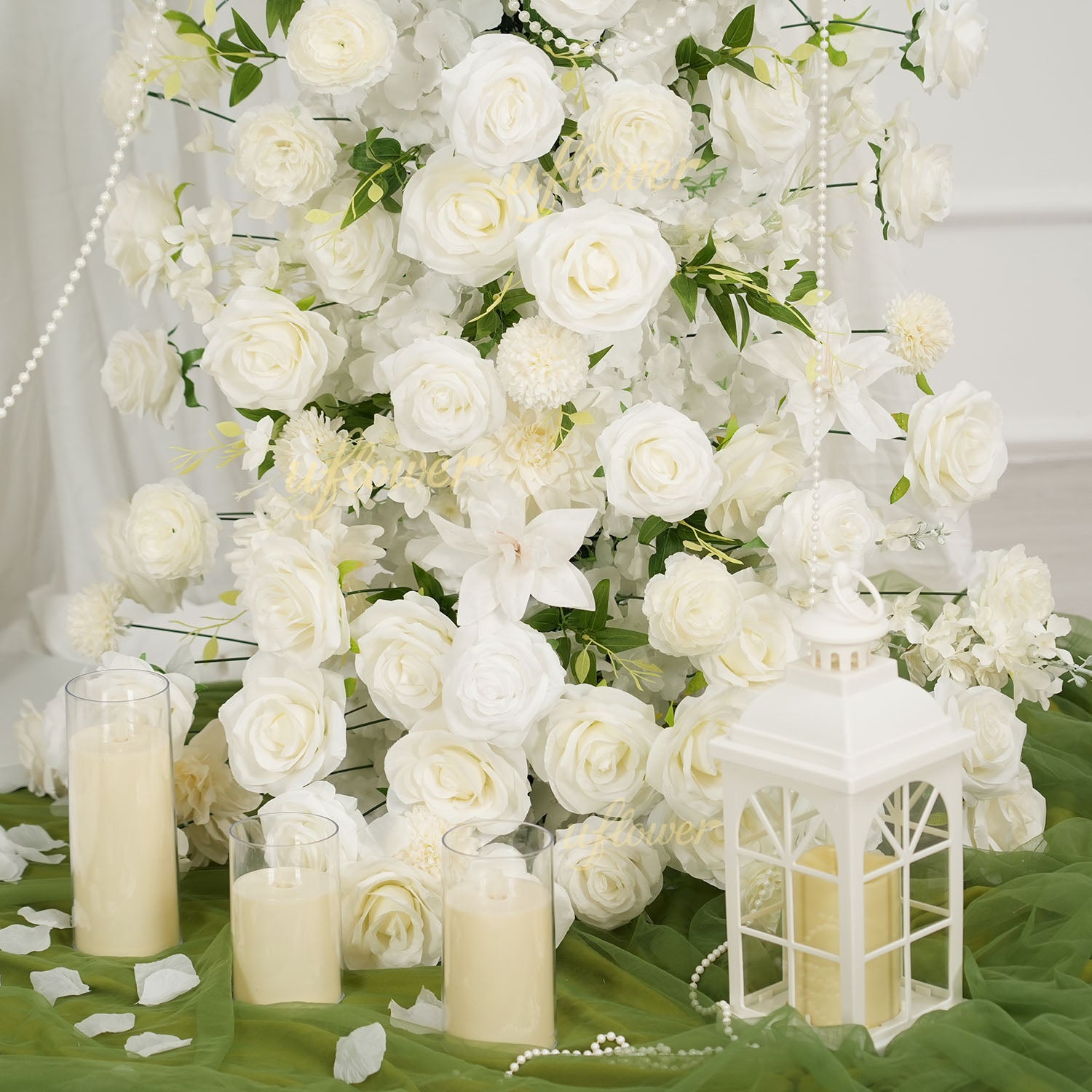 Uflower White Dahlia Floral Horn Arch Wedding Party Backdrop Decor