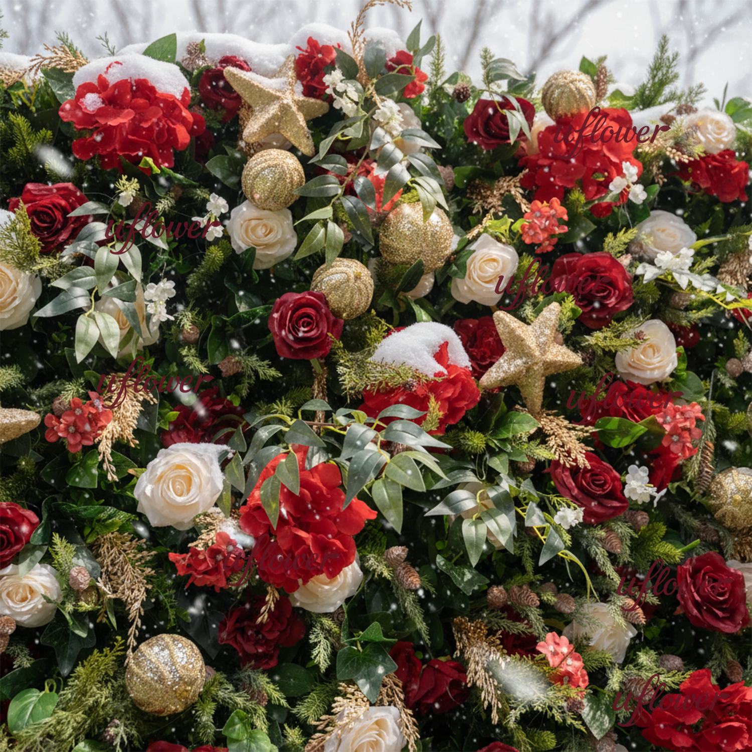 Uflower Christmas Red Gold Flower Wall  Luxurious Star & Ball Decorated Floral Backdrop Holiday Party Decor