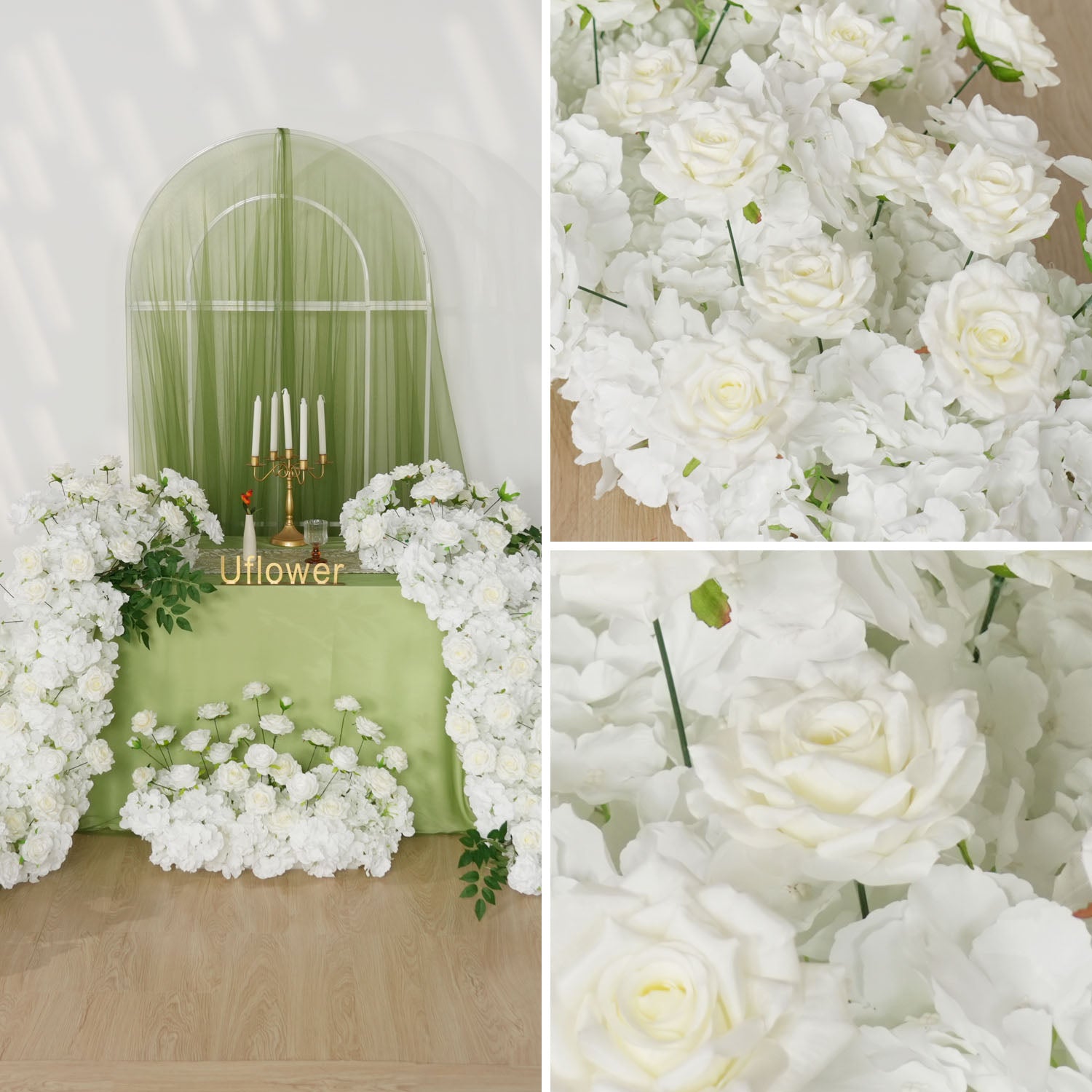 Uflower White Rose Table Runner Sofa Floral Wedding Backdrop Decor