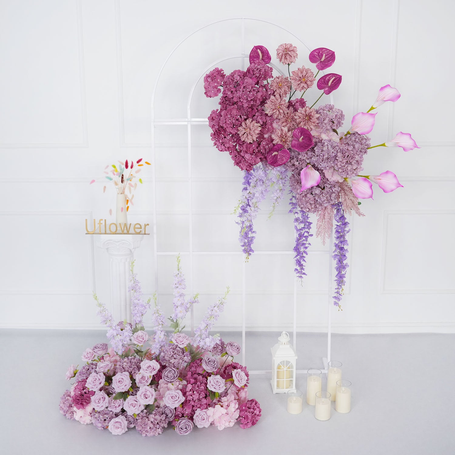 Uflower Rose Hydrangea Calla Lily Wedding Backdrop Arch Hanging Flower Row Floor Floral Arrangement