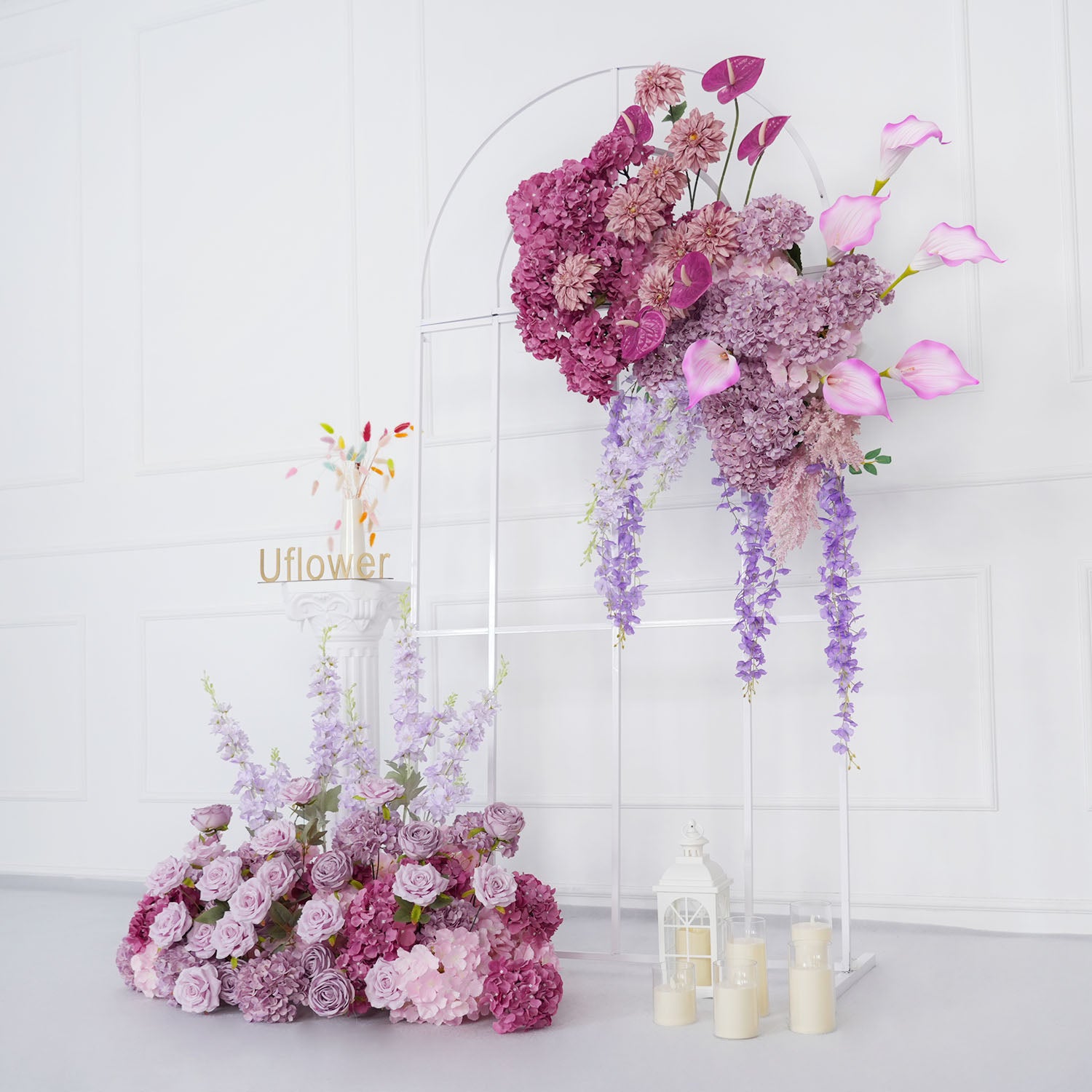 Uflower Rose Hydrangea Calla Lily Wedding Backdrop Arch Hanging Flower Row Floor Floral Arrangement