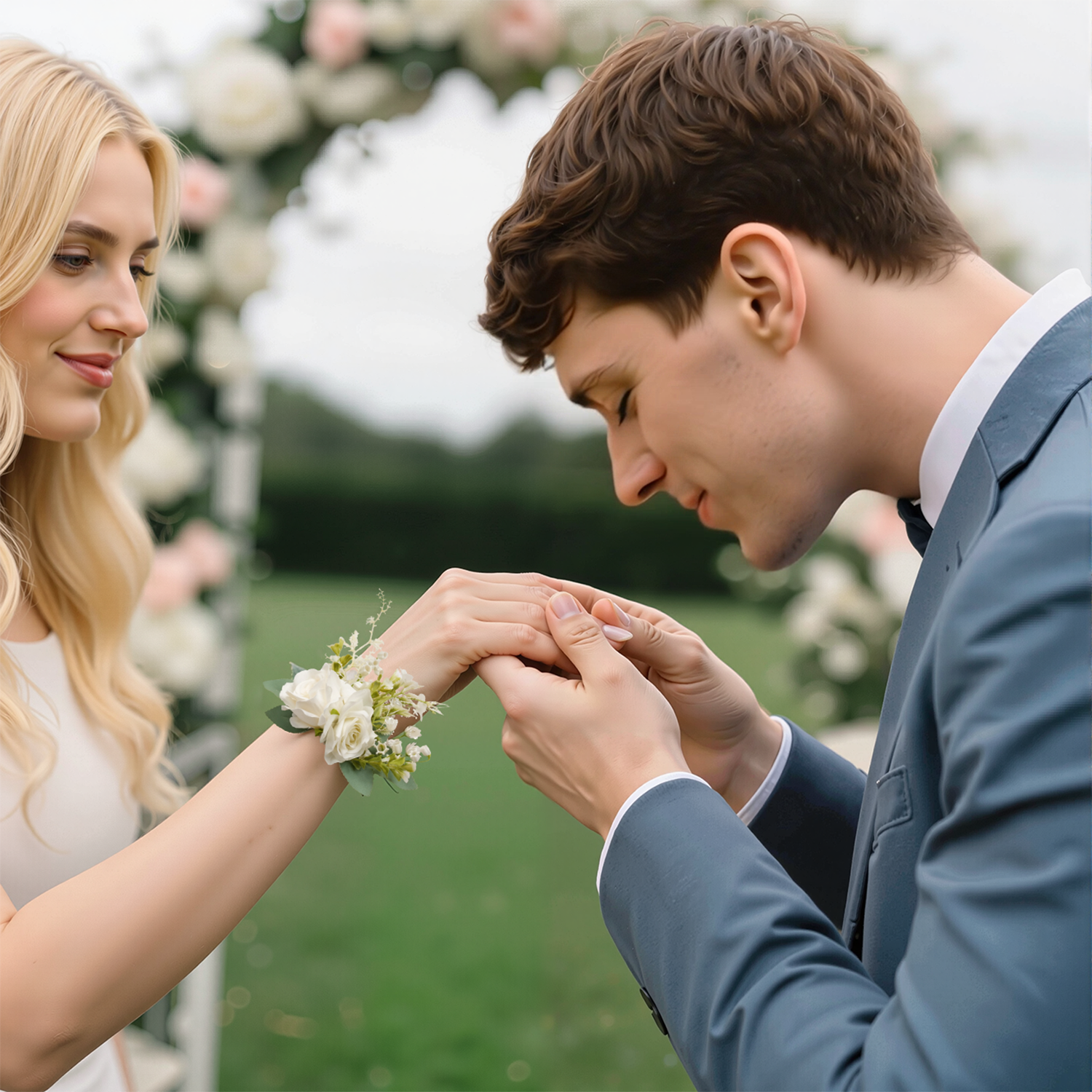 Uflower White Series With Greenery  Bride Bouquet Wrist Corsage Groom Boutonniere Wedding Event Supplies
