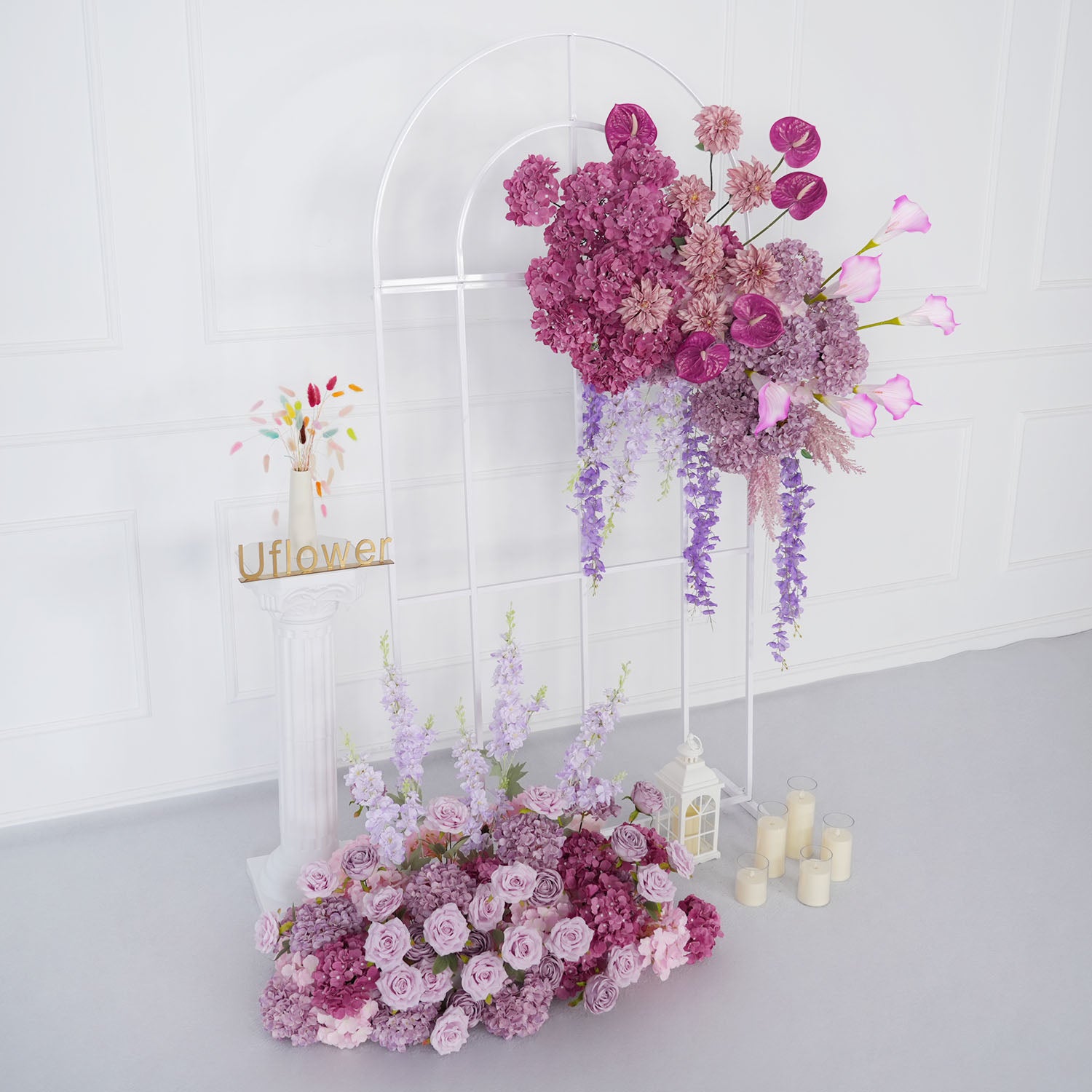 Uflower Rose Hydrangea Calla Lily Wedding Backdrop Arch Hanging Flower Row Floor Floral Arrangement