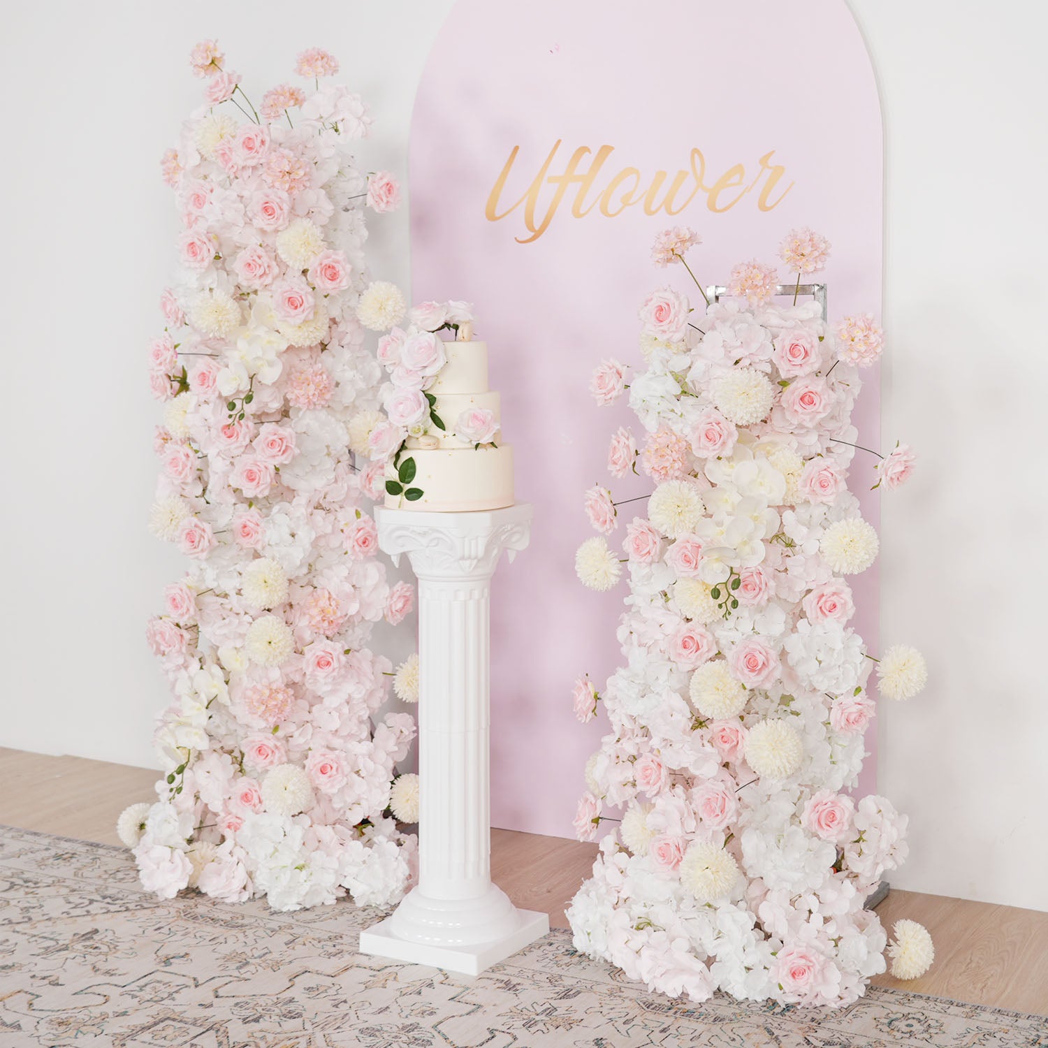 Uflower Pink Rose Orchid Pompoms Wedding Background Arch KT Board Decorative Flower