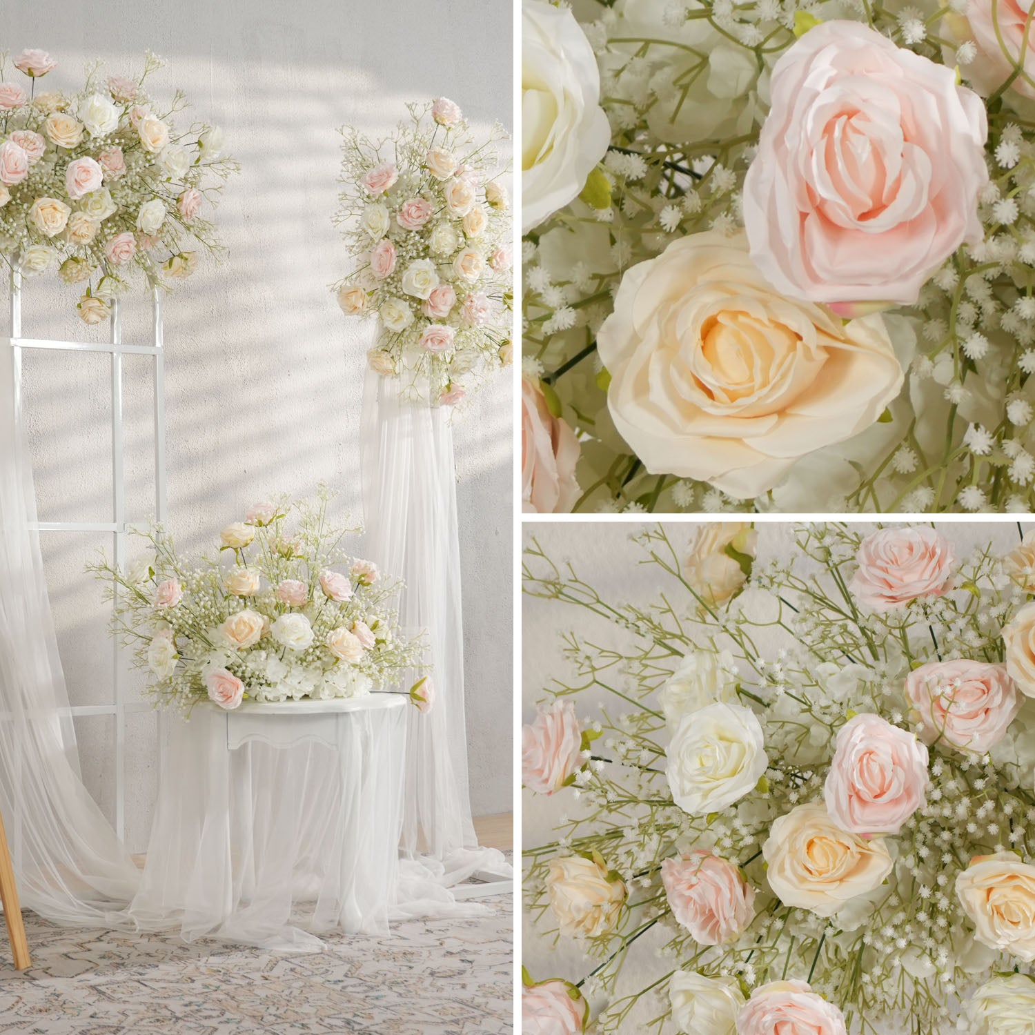 Uflower Champagne White Babysbreath Rose Arrangement Wedding KT Backdrop Decor