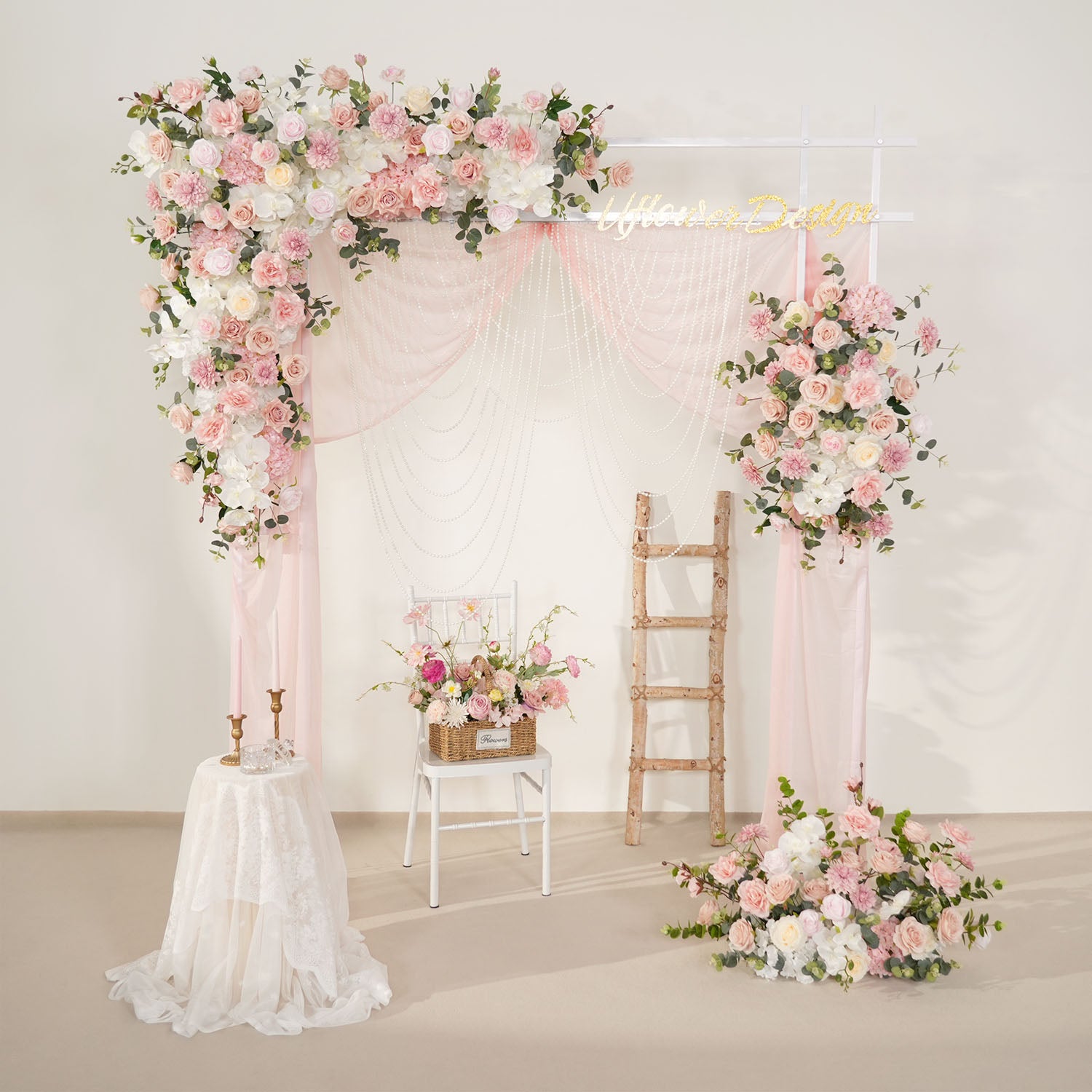 Uflower Wedding Backdrop Pink Rose Green Leaf Floral Arrangement
