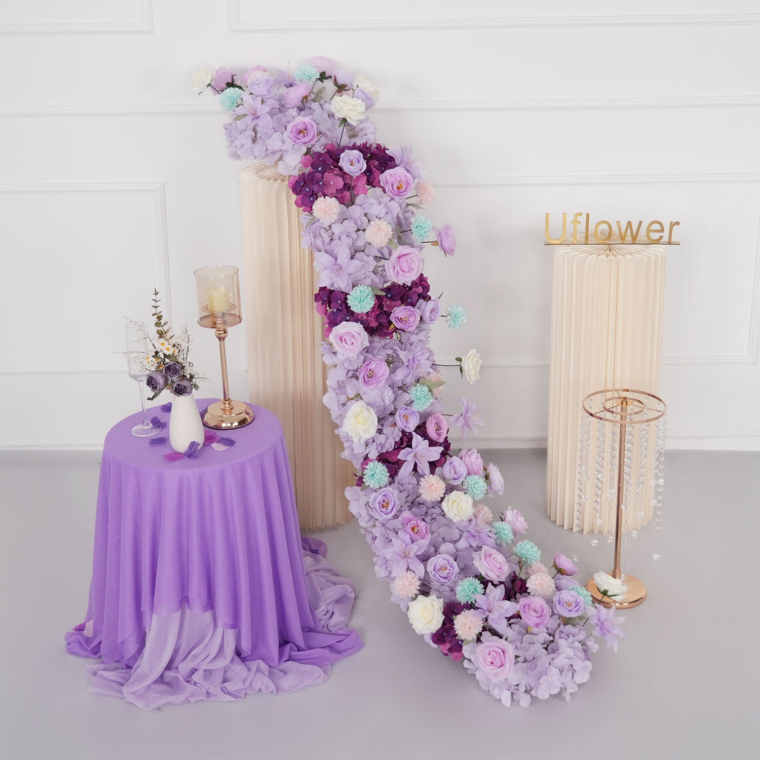 Uflower Purple Flower Row Sofa Table Runner Floor Flower Arrangement