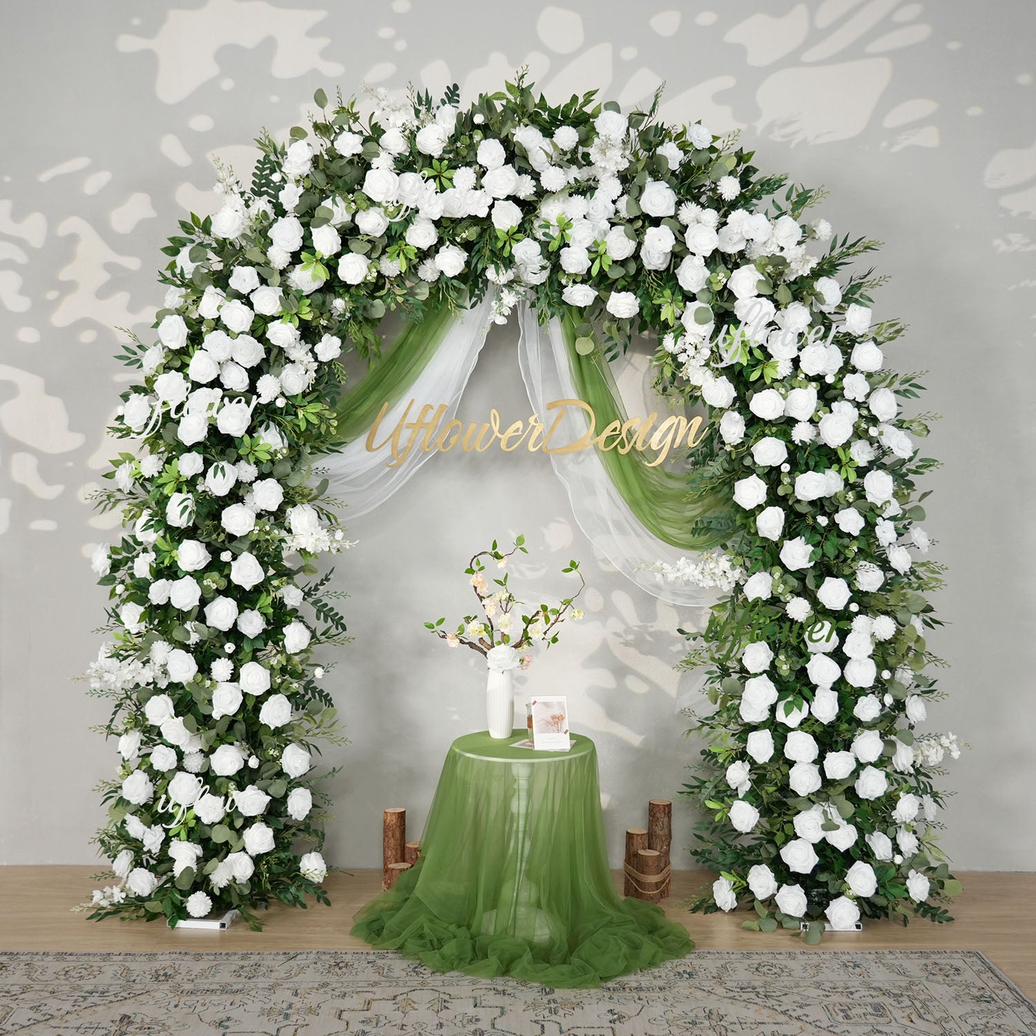 Uflower White Rose Green Leaf Floral Row Decor Wedding Backdrop Door Arch