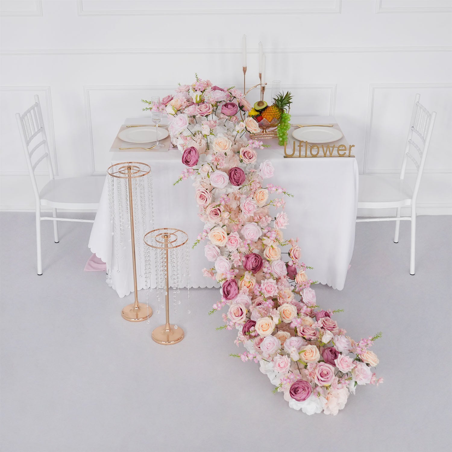 Uflower Pink Rose Sofa Table Runner Floor Flower Arrangement