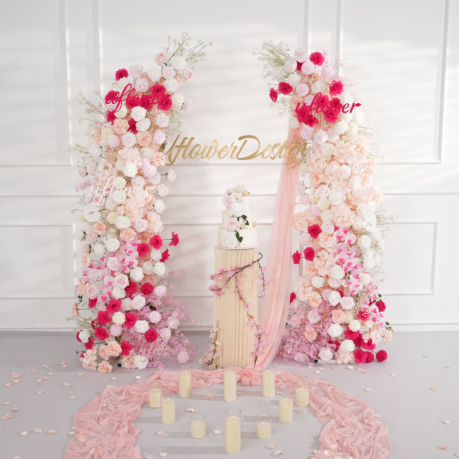 Uflower Pink White Floral Horn Arch Wedding Party Backdrop Decor
