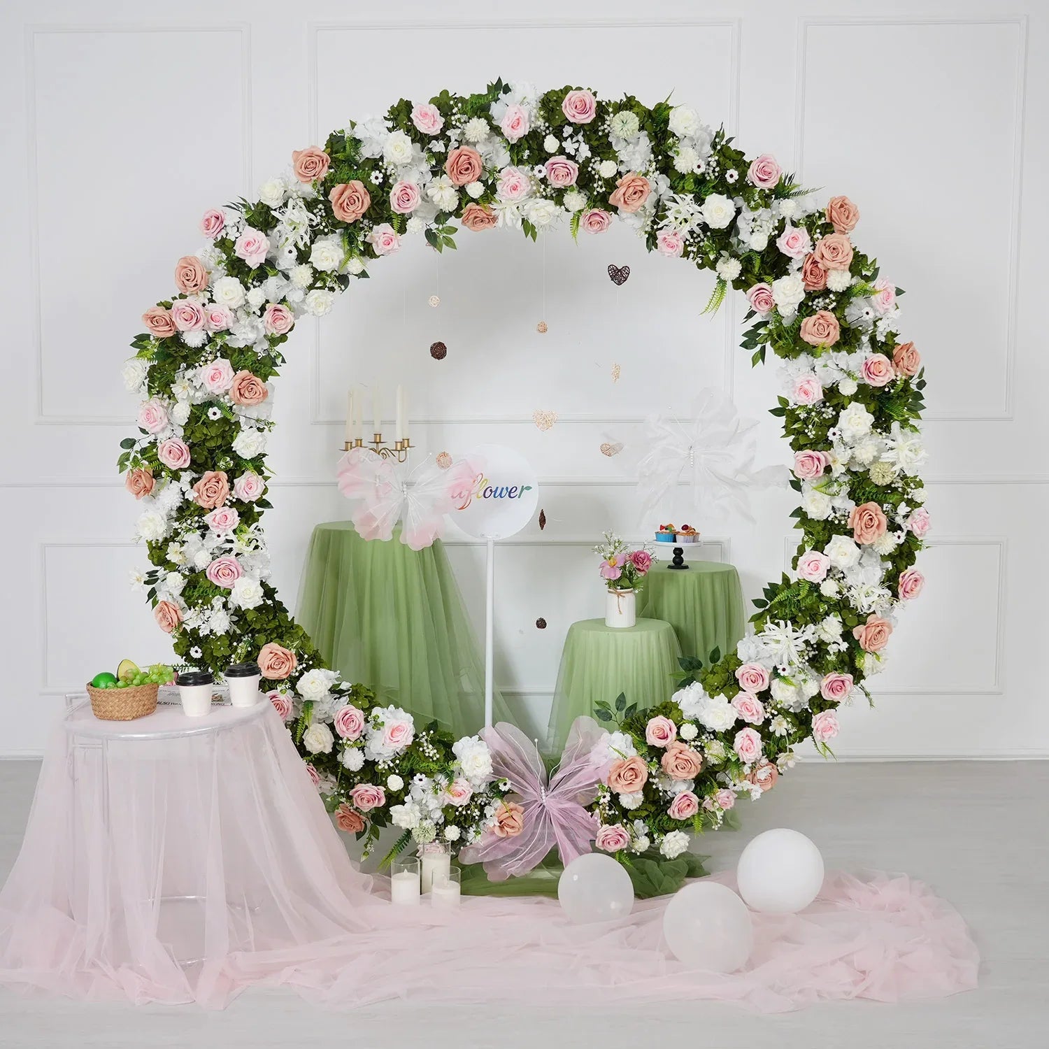 Uflower Pink White Greenery Flower Arrangement Table Runner Round Arch SET80201 - Uflower