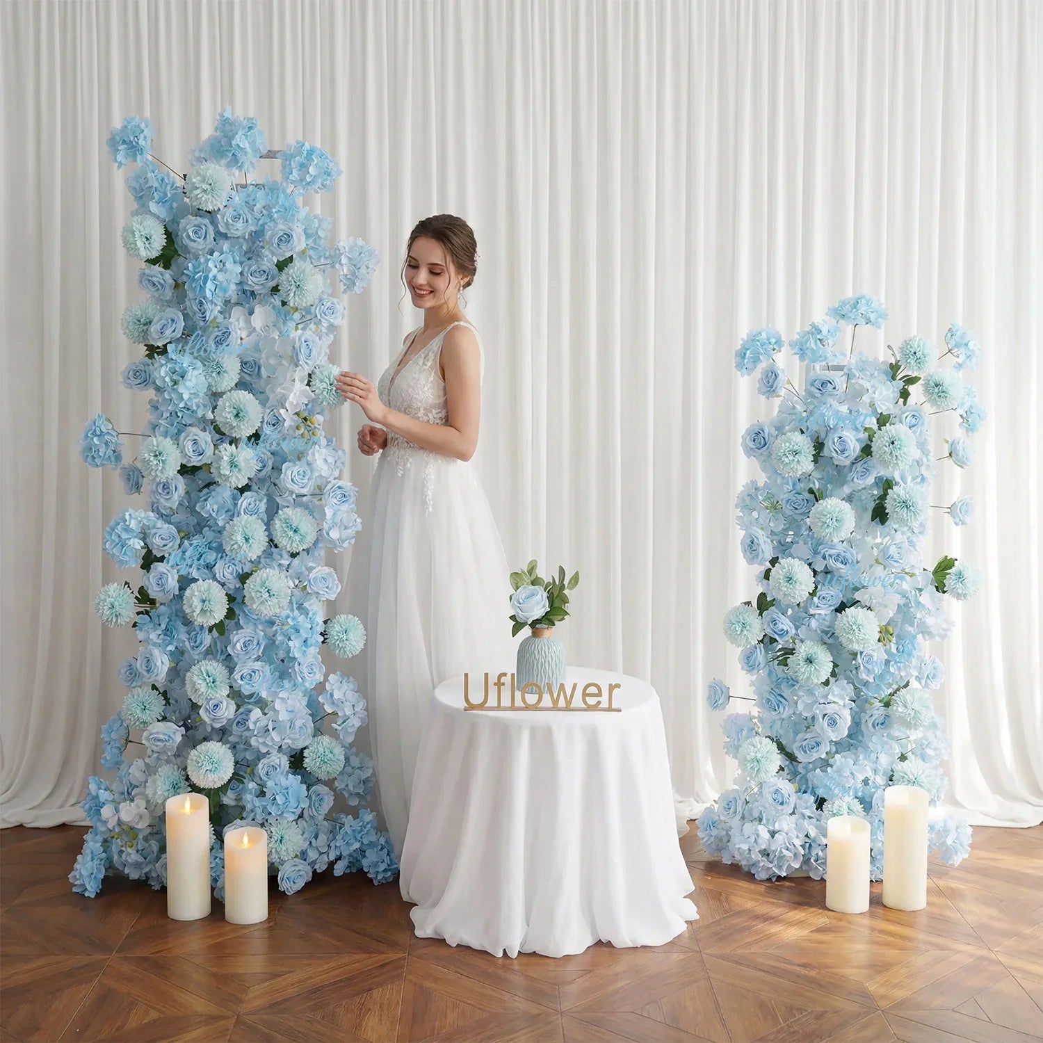 Uflower Blue Rose Orchid Pompoms Wedding Background Arch KT Board Decorative Flower - Uflower