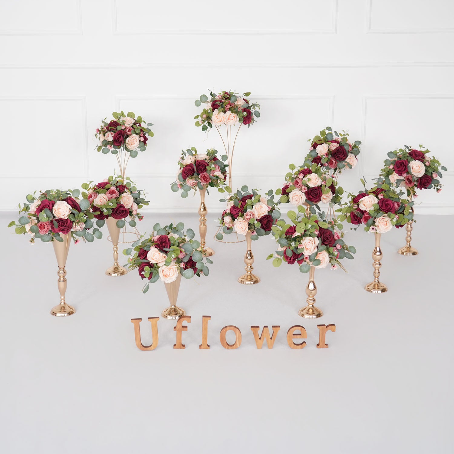 Uflower Red Rose Green Leaf Table Centerpieces Floral Ball Wedding Decoration