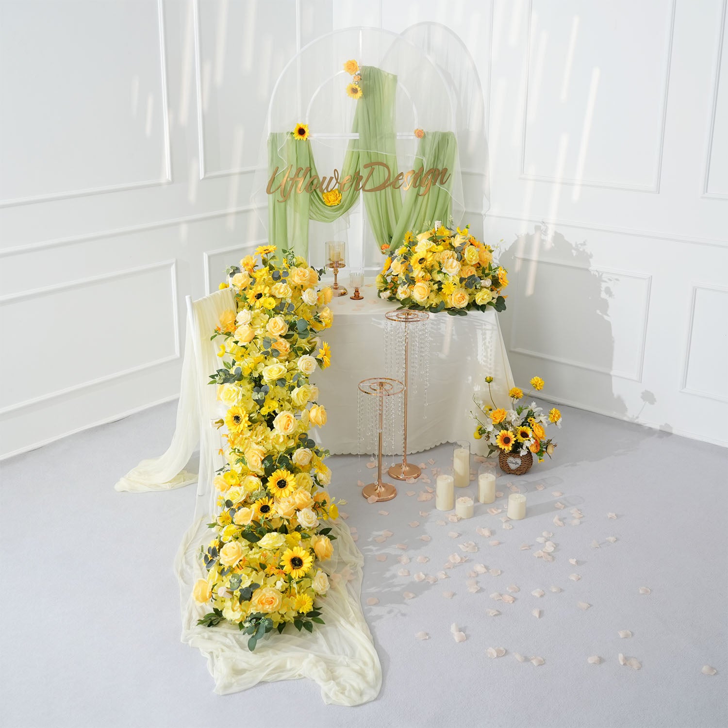 Uflower Yellow Rose Sunflower Table Runner Sofa Floral Wedding Backdrop Decor