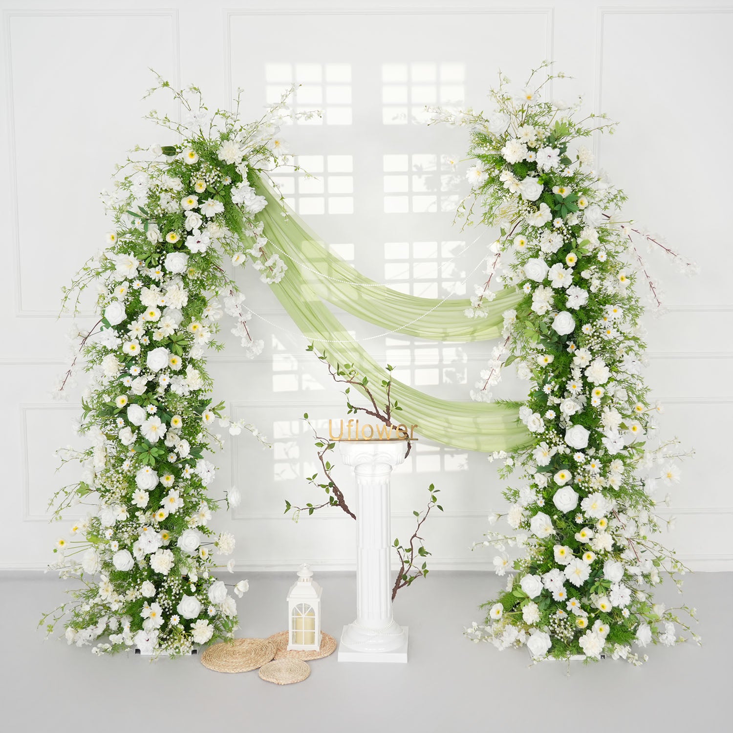 Uflower Green White Floral Horn Arch Wedding Party Backdrop Decor