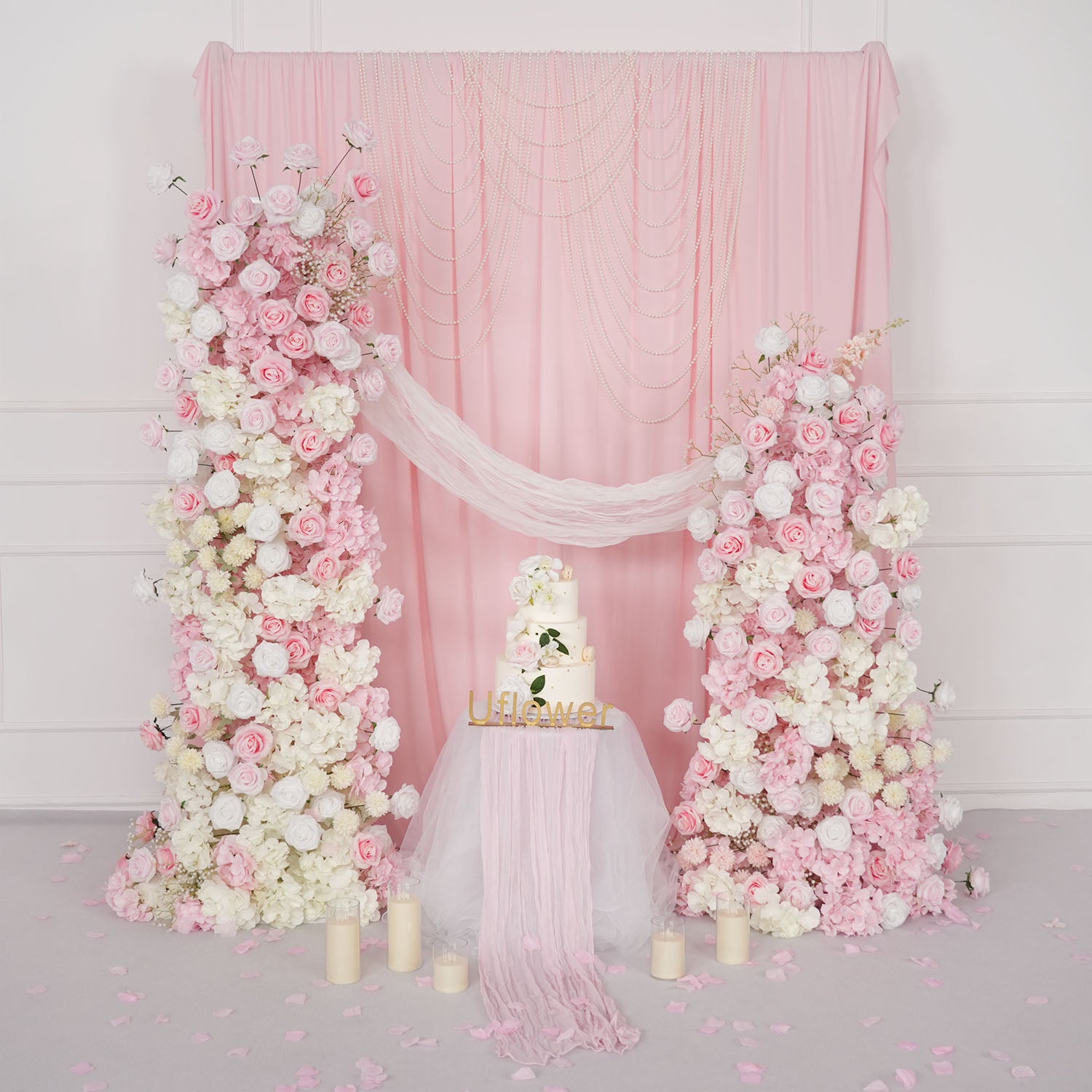 Uflower Artificial Pink White Wedding KT Backdrop Flower Row Decor