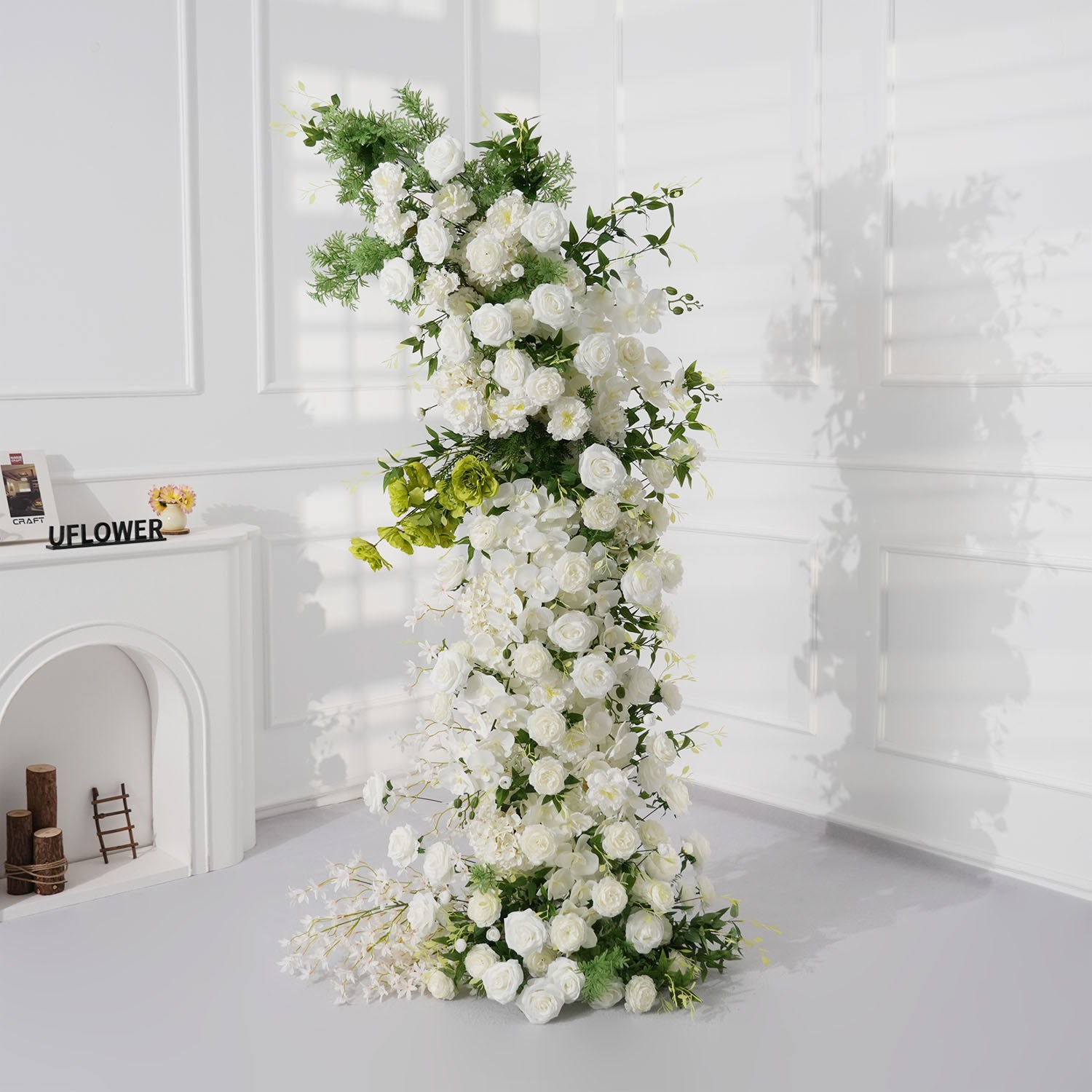 Uflower White Rose Green Leaf Floral Horn Arch Wedding Party Backdrop Decor