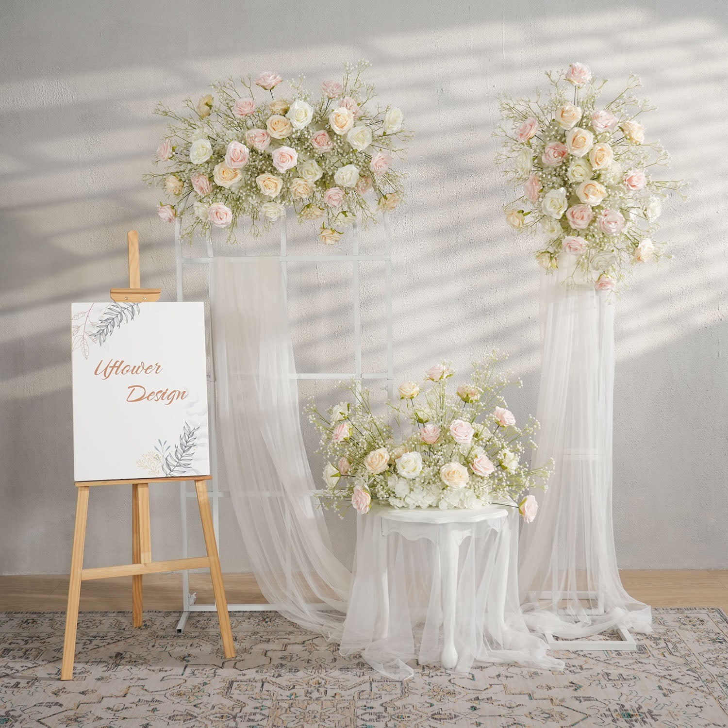 Uflower Champagne White Babysbreath Rose Arrangement Wedding KT Backdrop Decor