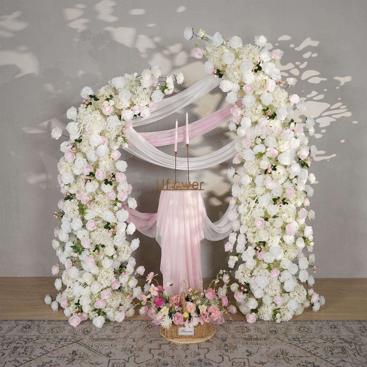 Uflower Pink White Rose Floral Horn Arch Wedding Party Backdrop Decor