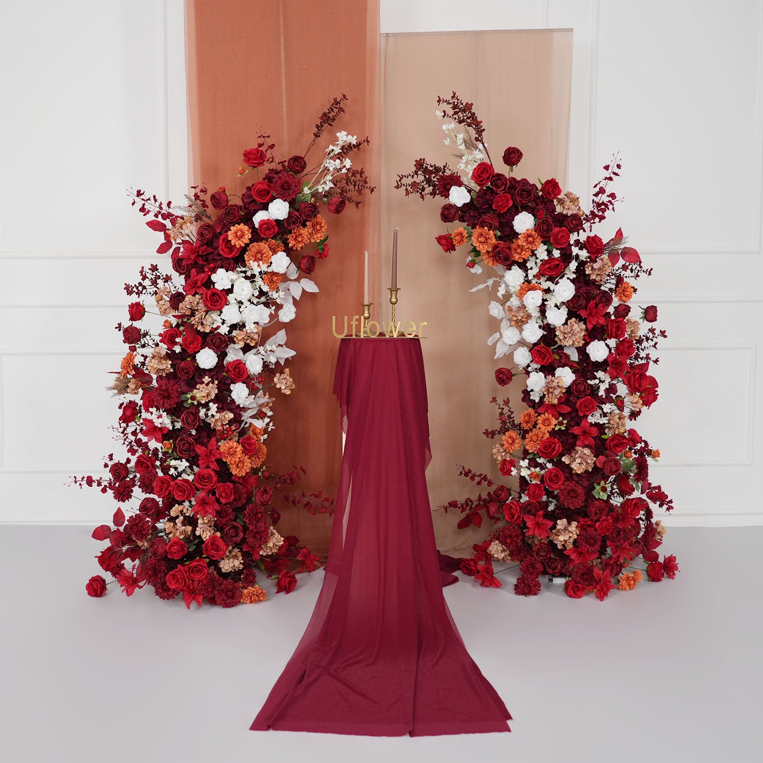Uflower Autumn Red Rose Floral Arrangement Horn Arch Wedding Backdrop Decor