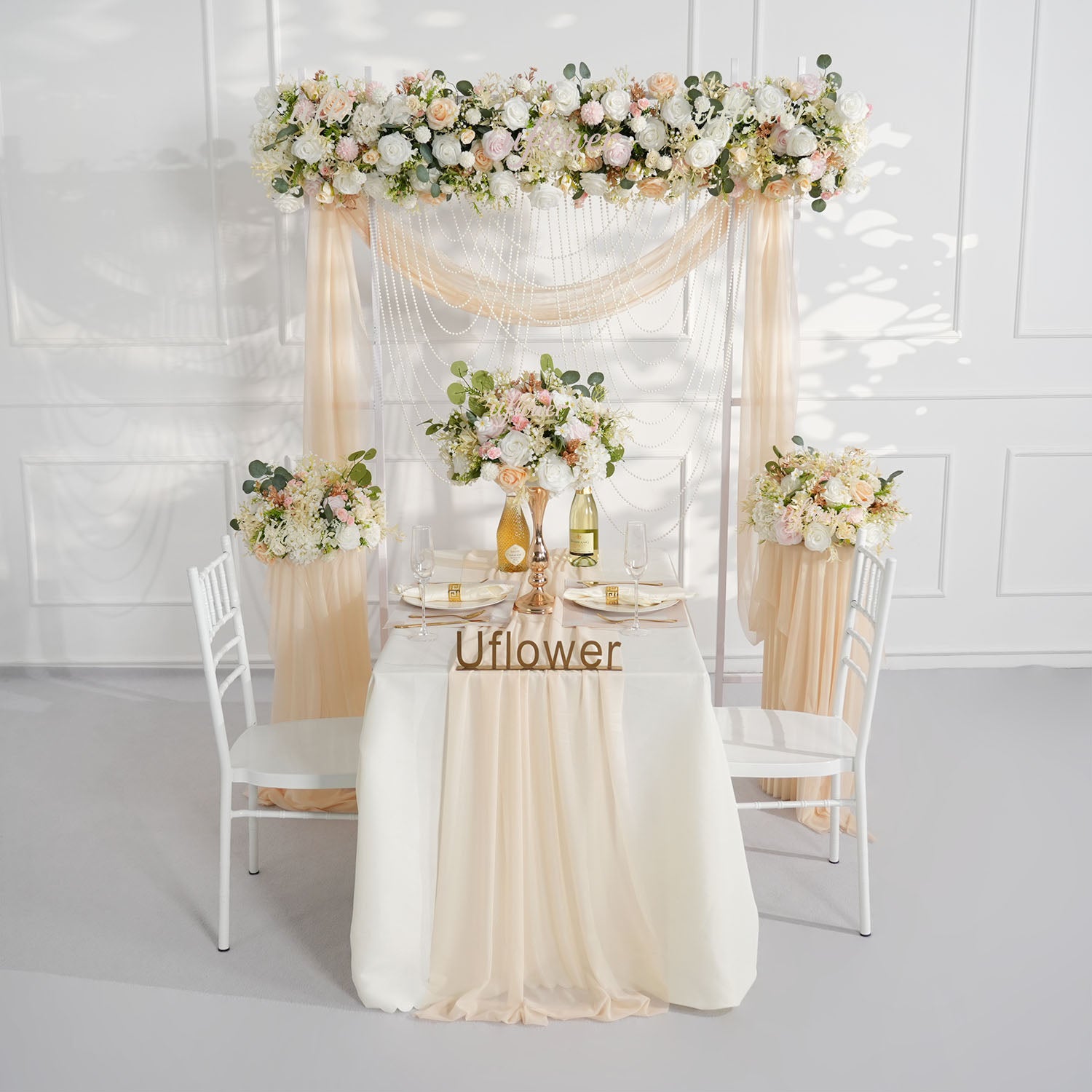 Artificial Champagne Pink White Rose Flower Arrangement Wedding Backdrop Decor Props