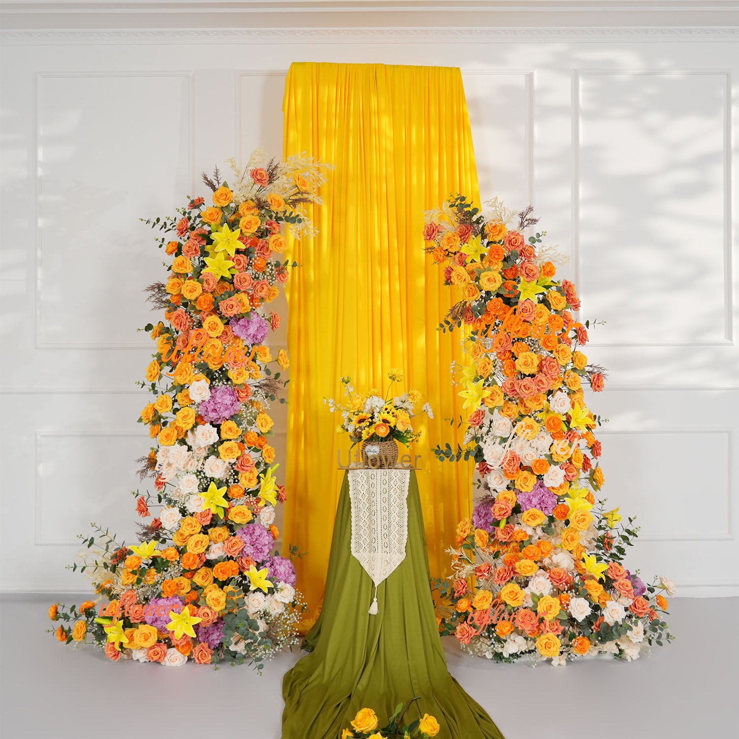 Uflower Orange Yellow Floral Horn Arch Wedding Party Backdrop Decor