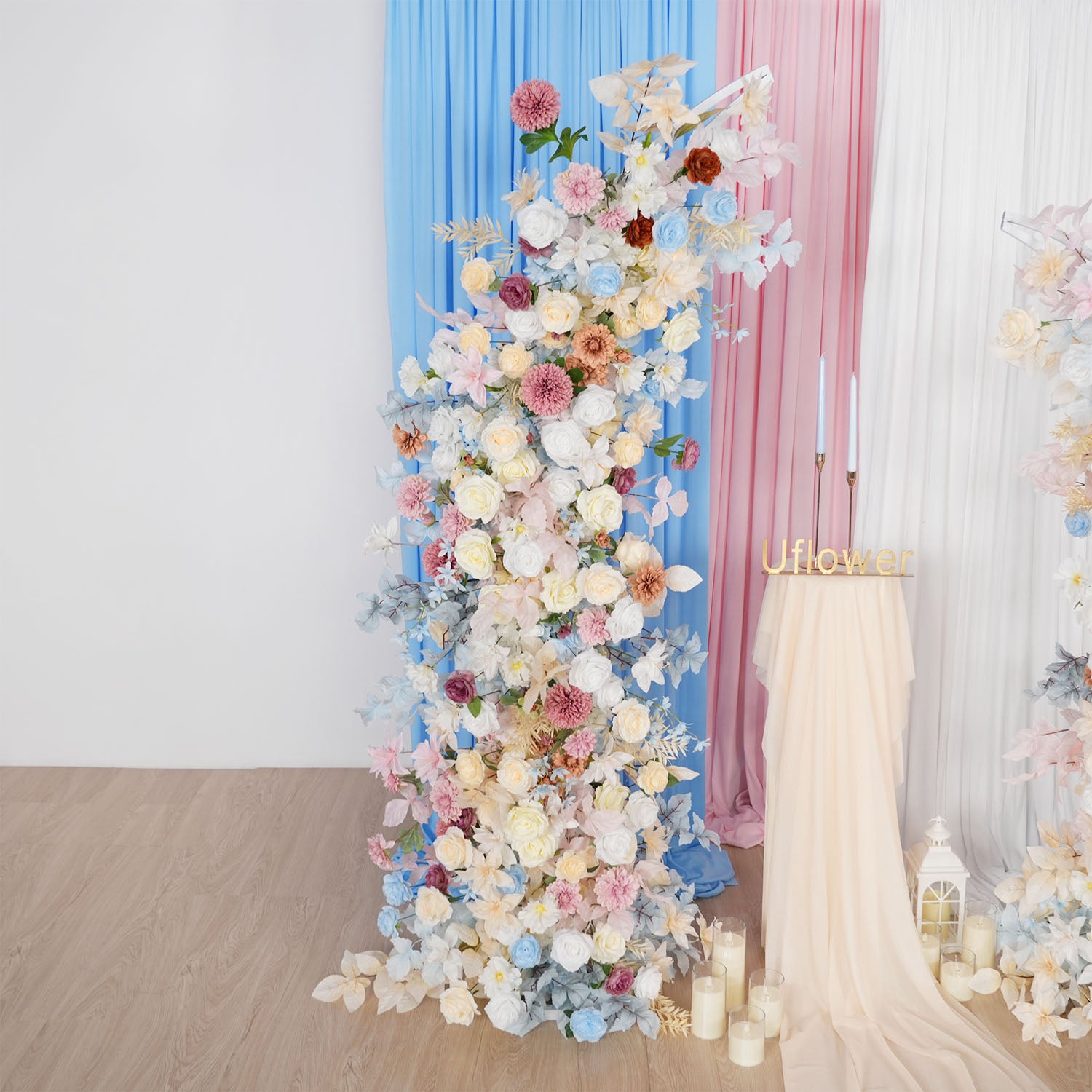 Uflower Pink Blue Champagne Horn Arch Decor Wedding Backdrop Floral Ball Arrangement