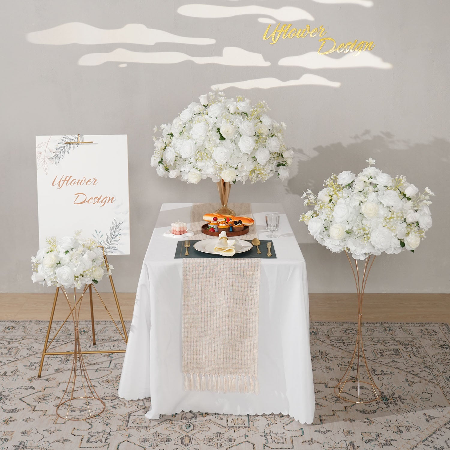 Uflower White Rose Baby's Breath Flower Ball For Table Centerpieces