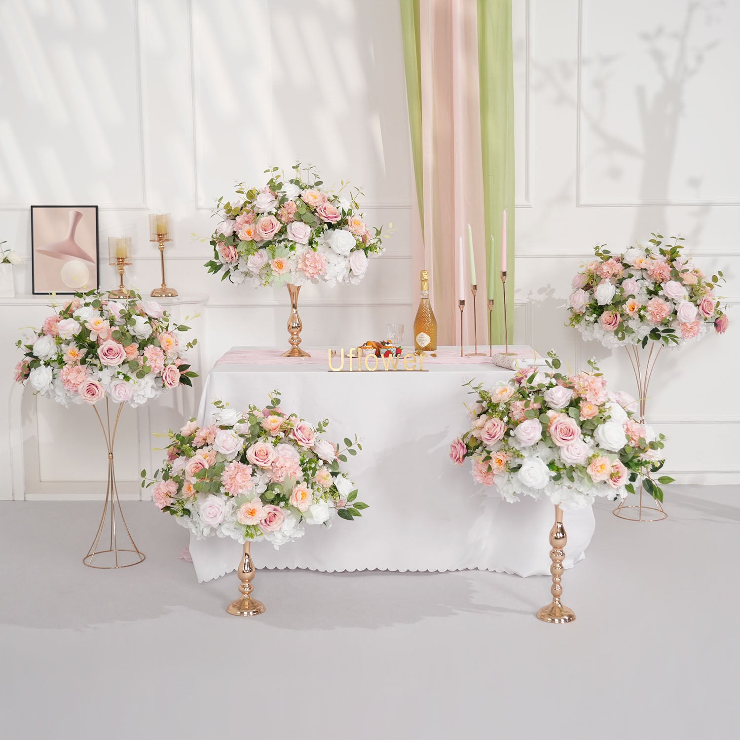Uflower Pink White Rose Green Leaf Table Centerpieces Floral Ball Wedding Decoration