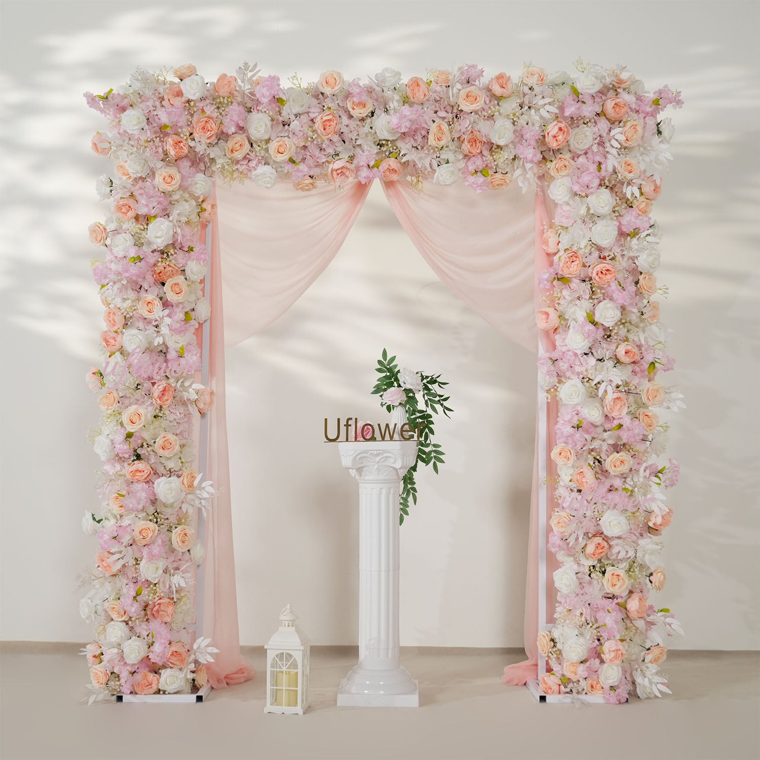 Uflower Pink White Rose Floral Square Arch Wedding Party Backdrop Decoration