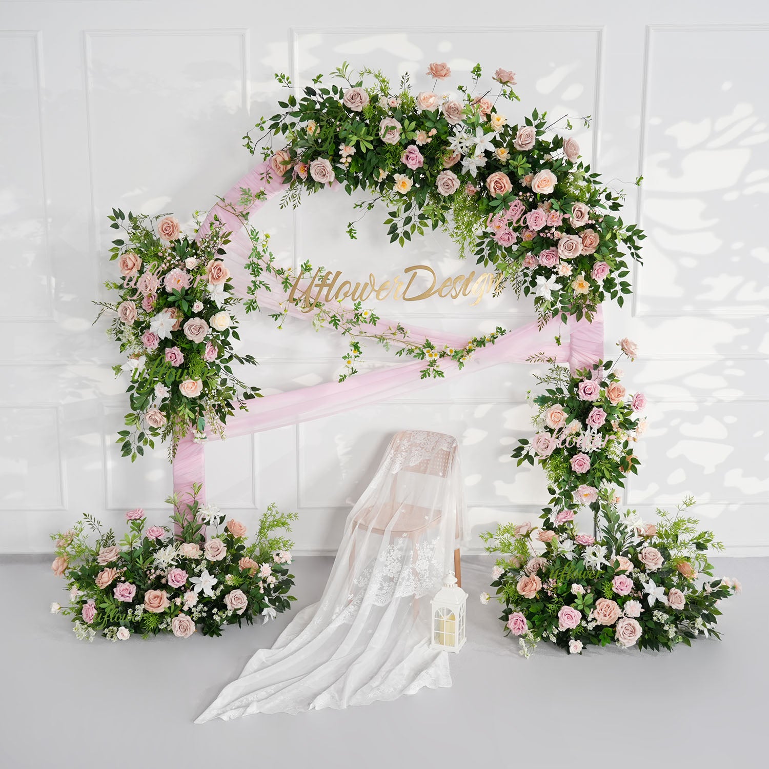 Uflower Champagne Pink Rose Green Leaf Hang Flower Floor Floral Wedding Party Event Props