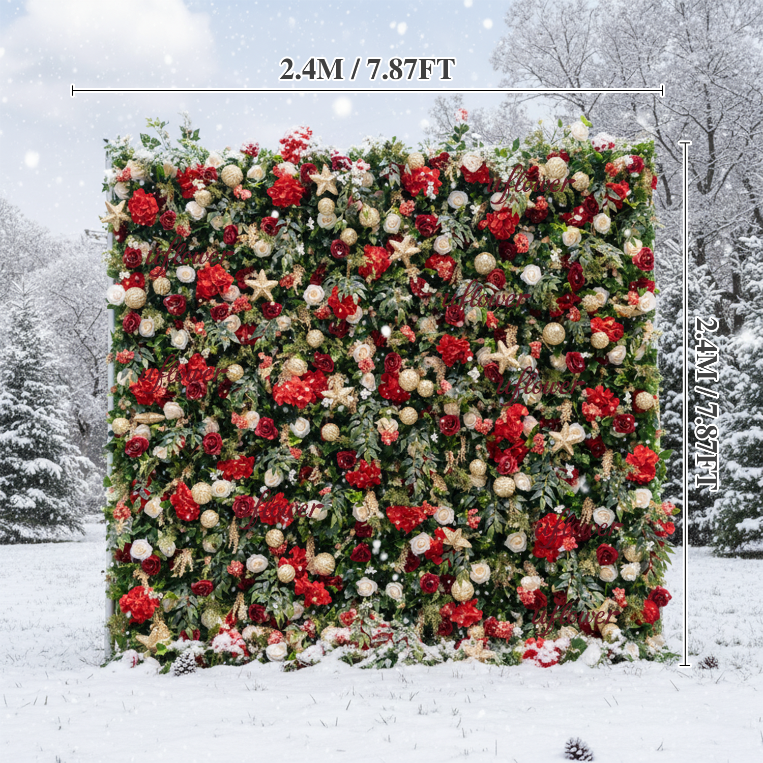 Uflower Christmas Red Gold Flower Wall  Luxurious Star & Ball Decorated Floral Backdrop Holiday Party Decor