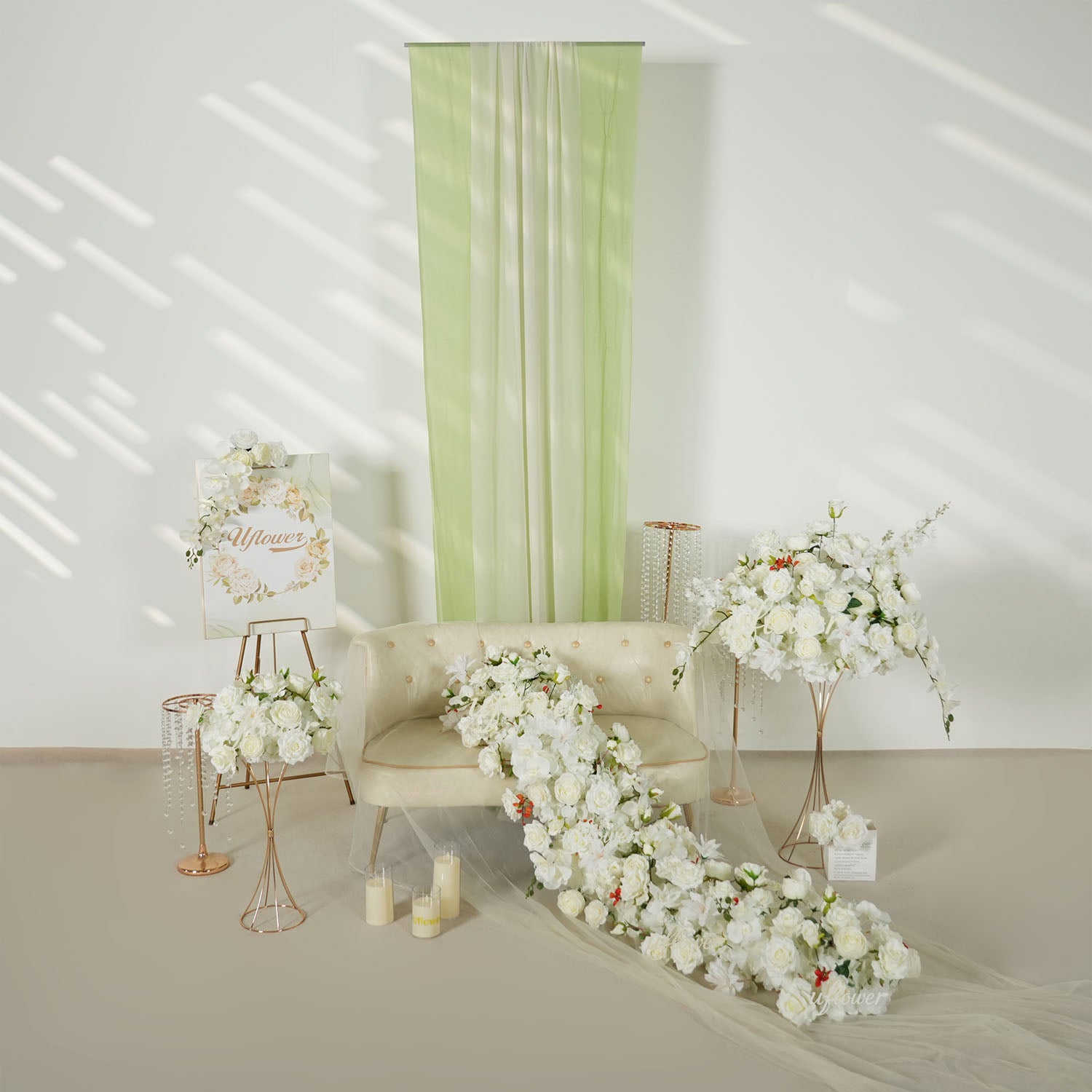 Uflower White Rose Table Runner Sofa Floral Wedding Backdrop Decor