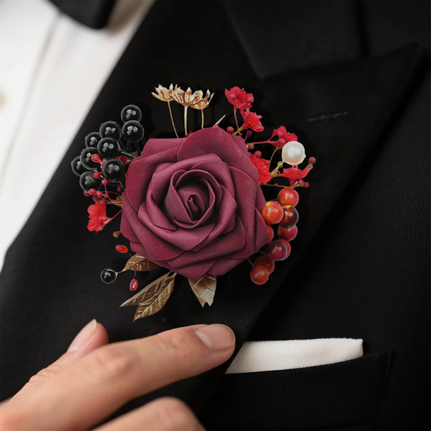 Uflower Black Burgundy Bride Bouquet Wrist Corsage Groom Boutonniere Set Wedding Event Supplies