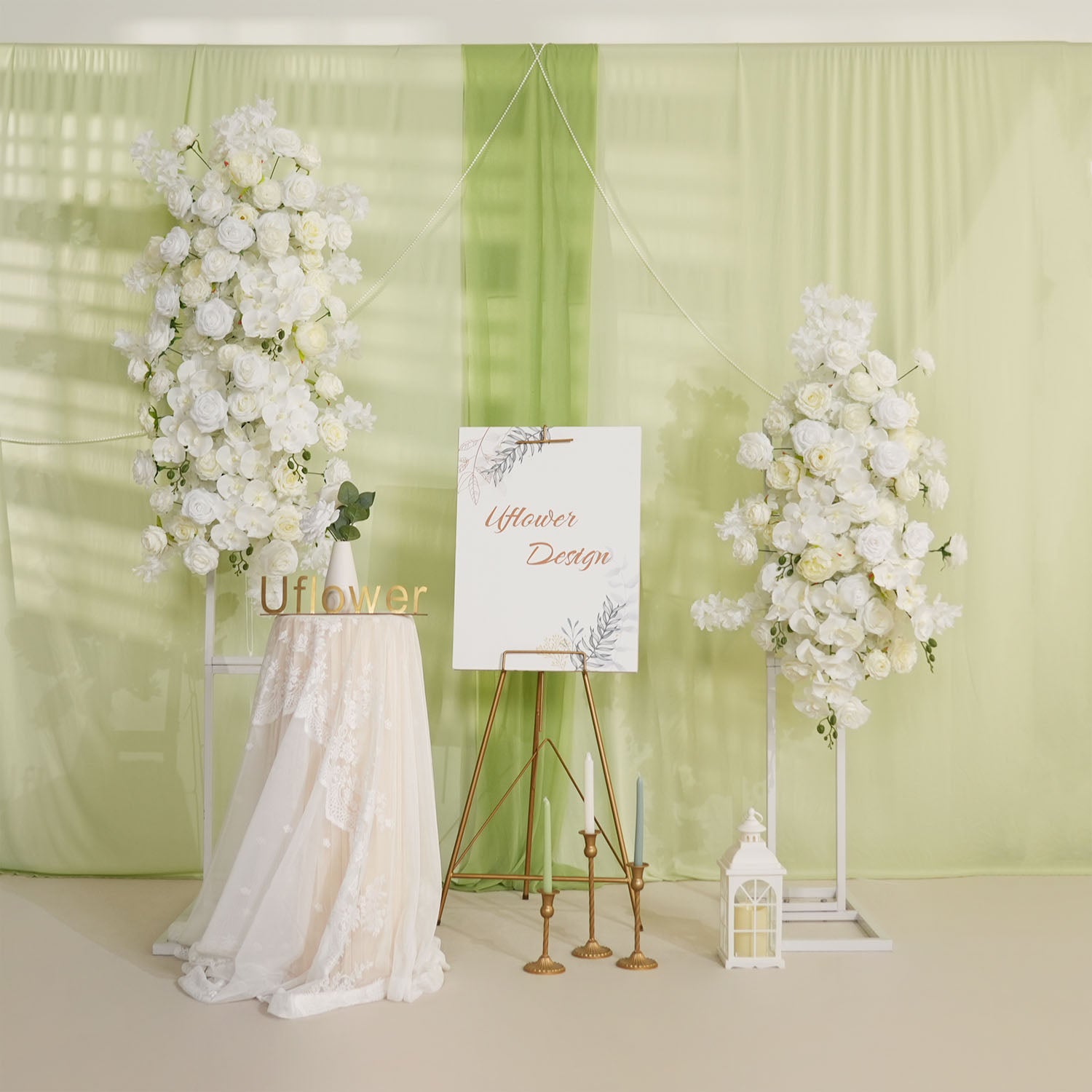 Uflower Artificial White Rose Flower Row Wedding KT Backdrop Decor