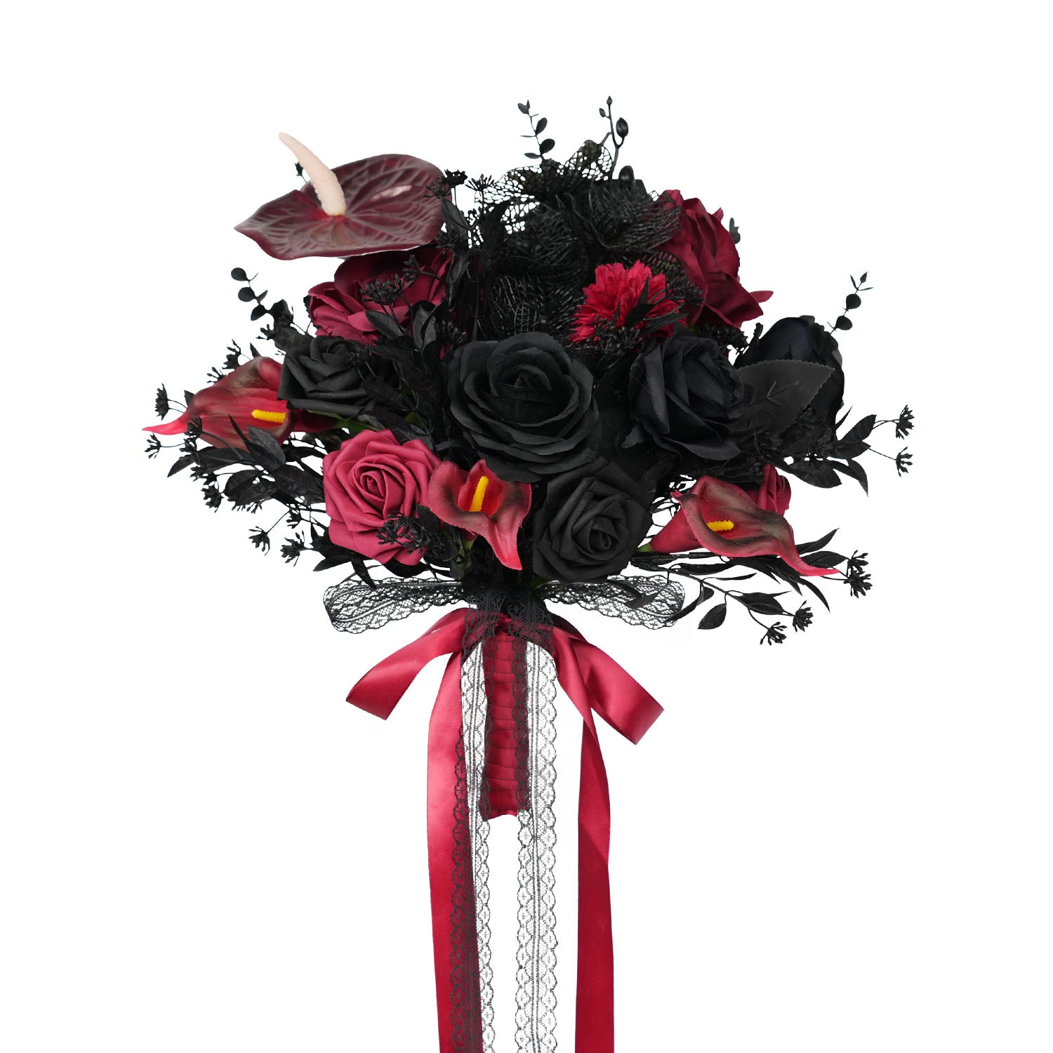Uflower Black Burgundy Bride Bouquet Wrist Corsage Groom Boutonniere Set Wedding Event Supplies