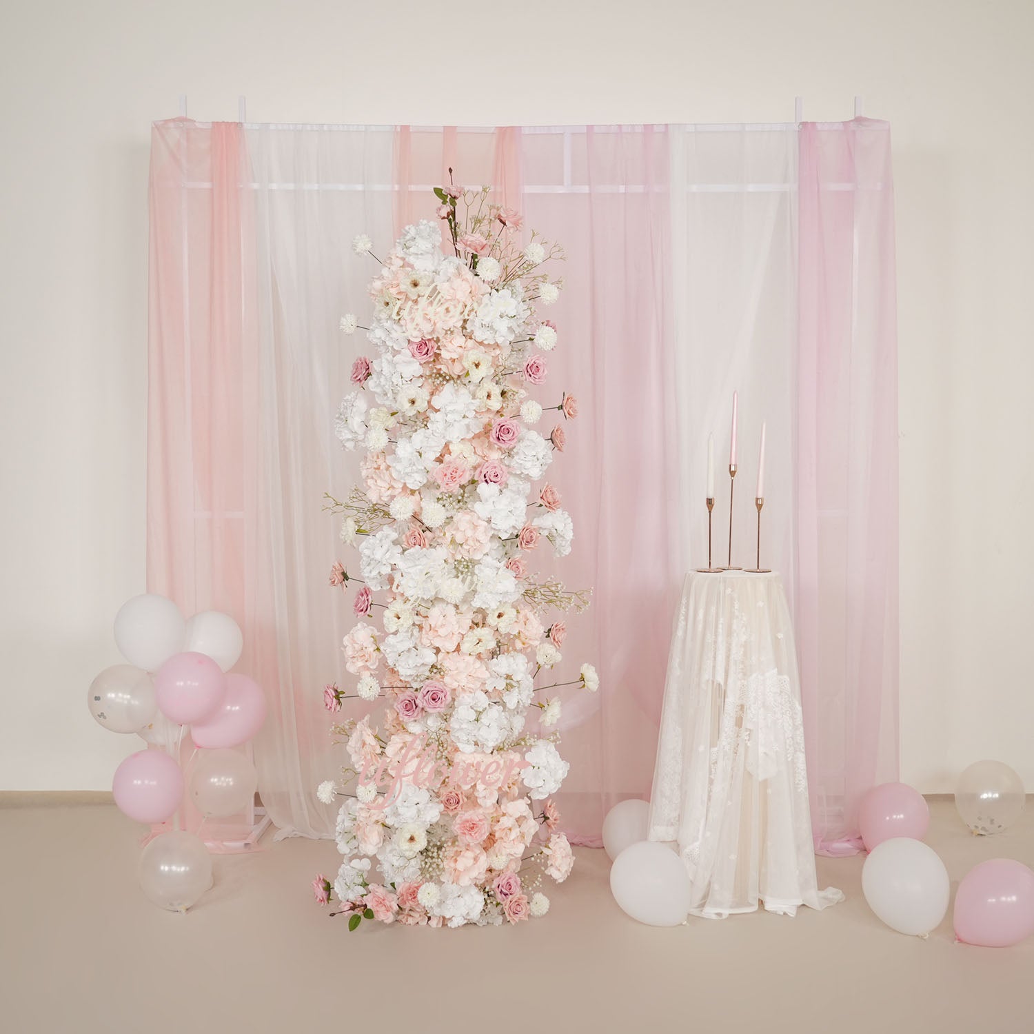 Uflower Artificial Pink White Flower Row Wedding KT Backdrop Decor