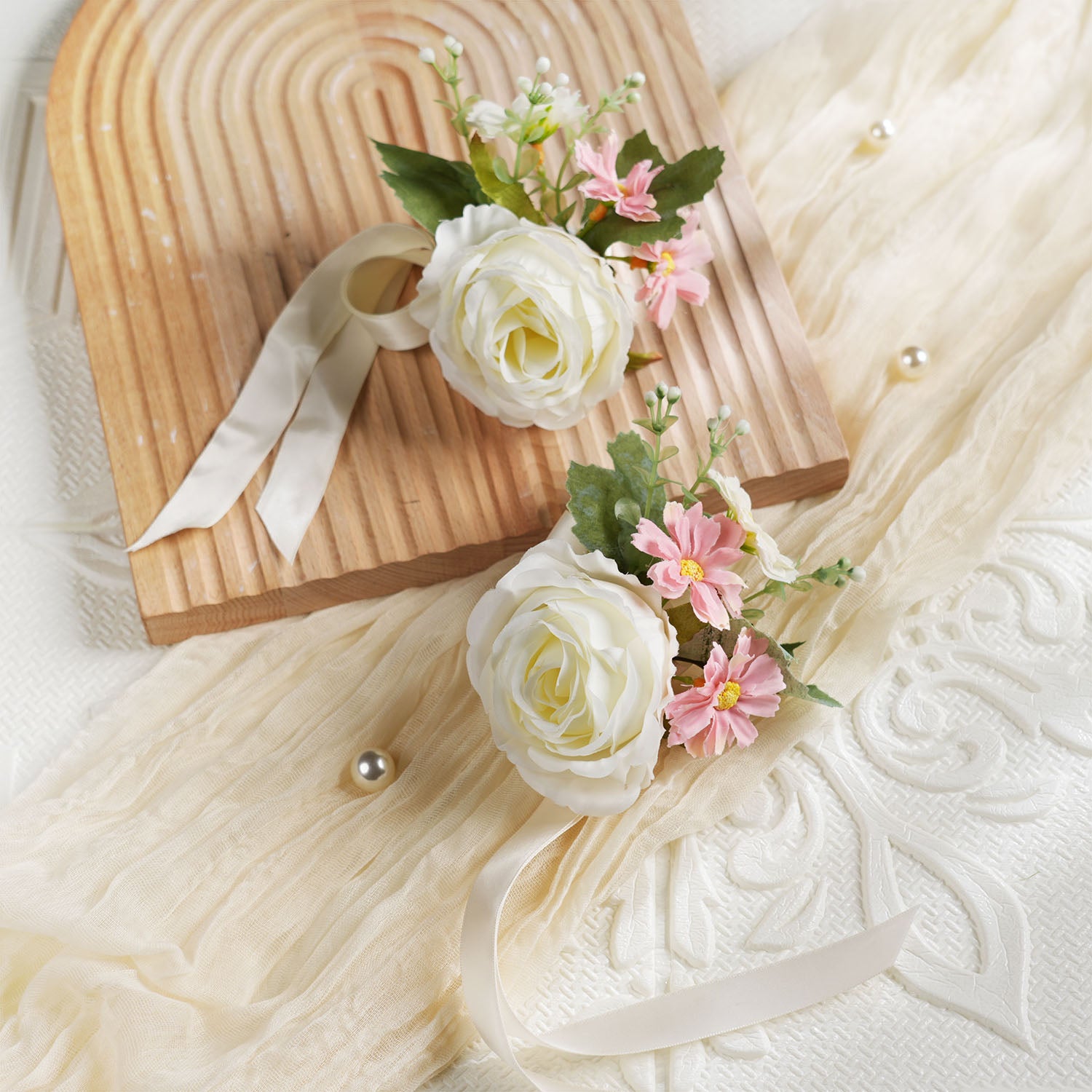 Uflower Pink White Series Bride Bouquet Wrist Corsage Groom Boutonniere Wedding Event Supplies