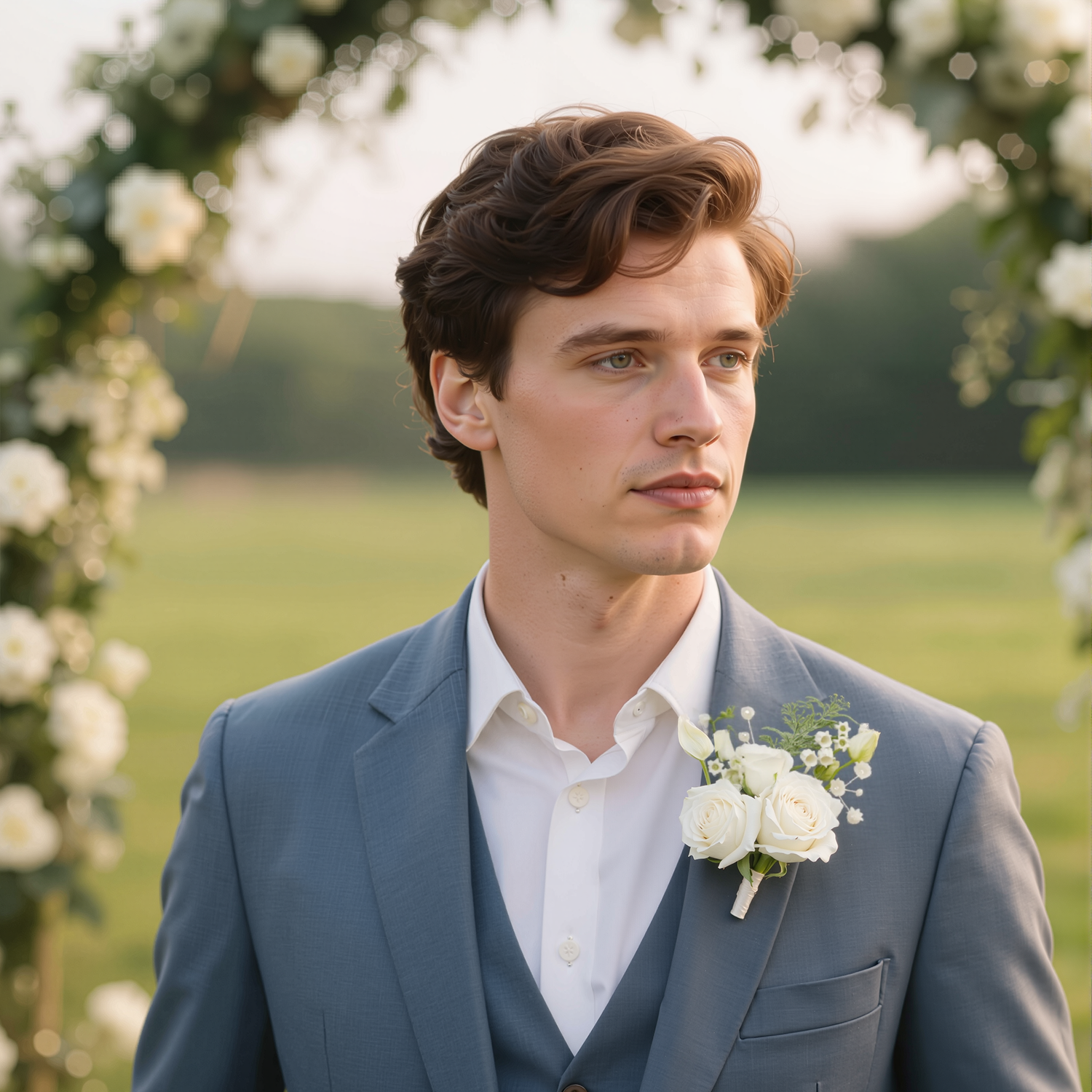 Uflower White Series With Greenery  Bride Bouquet Wrist Corsage Groom Boutonniere Wedding Event Supplies